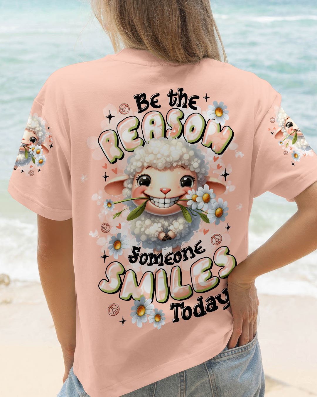 Be the Reason Someone Smiles Today Cute Sheep Design with Daisy Flowers AOP Shirts _11_ GAUi3