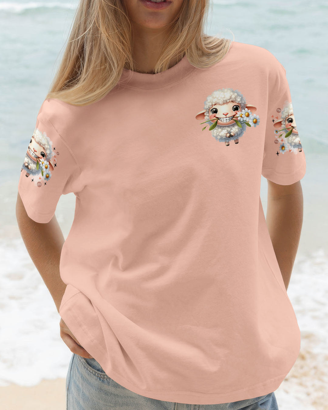 Be the Reason Someone Smiles Today Cute Sheep Design with Daisy Flowers AOP Shirts _12_ QUI2n