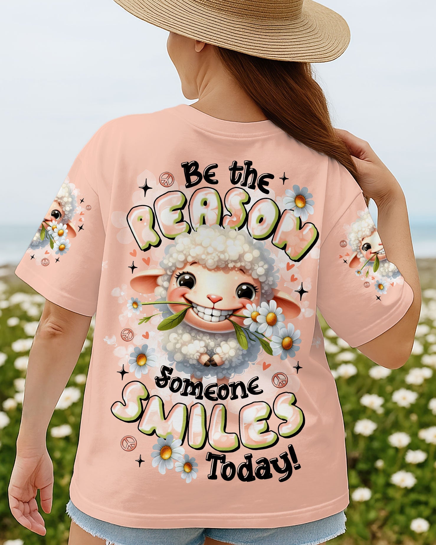 Be the Reason Someone Smiles Today Cute Sheep Design with Daisy Flowers AOP Shirts _1_ K8q2c