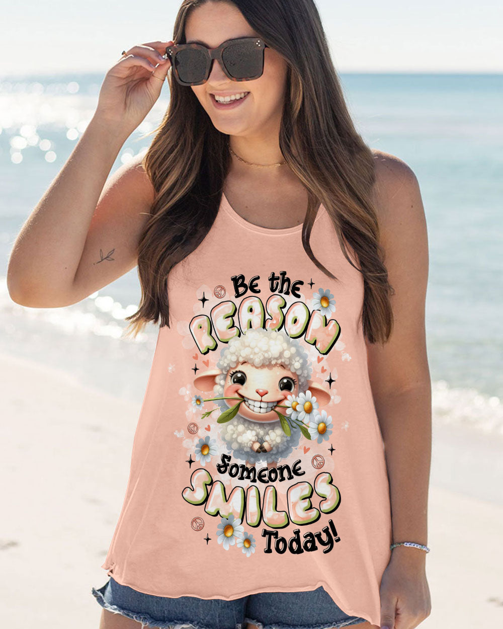 Be the Reason Someone Smiles Today Cute Sheep Design with Daisy Flowers AOP Shirts _8_ GTMrR