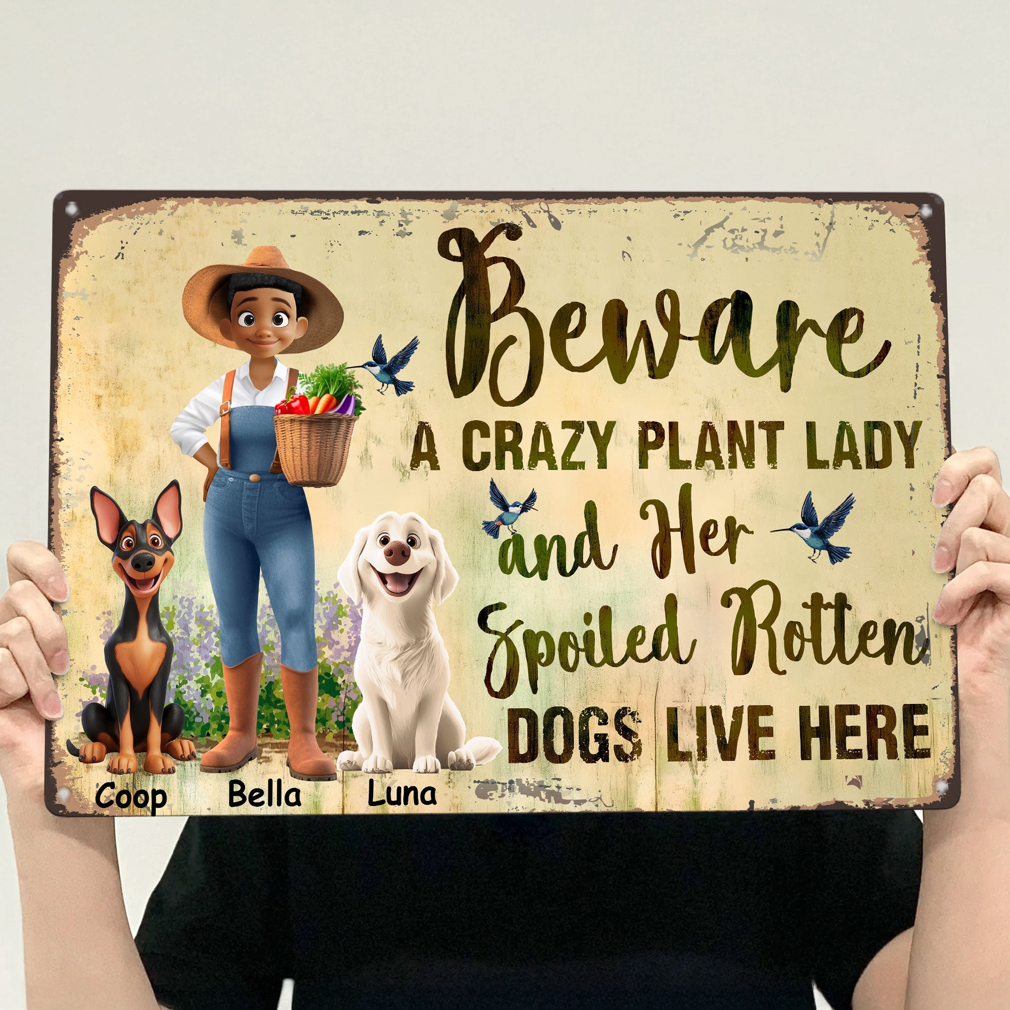 Beware A Crazy Plant Lady _ Her Spoiled Rotten Dogs Live Here Personalized Metal Sign_3