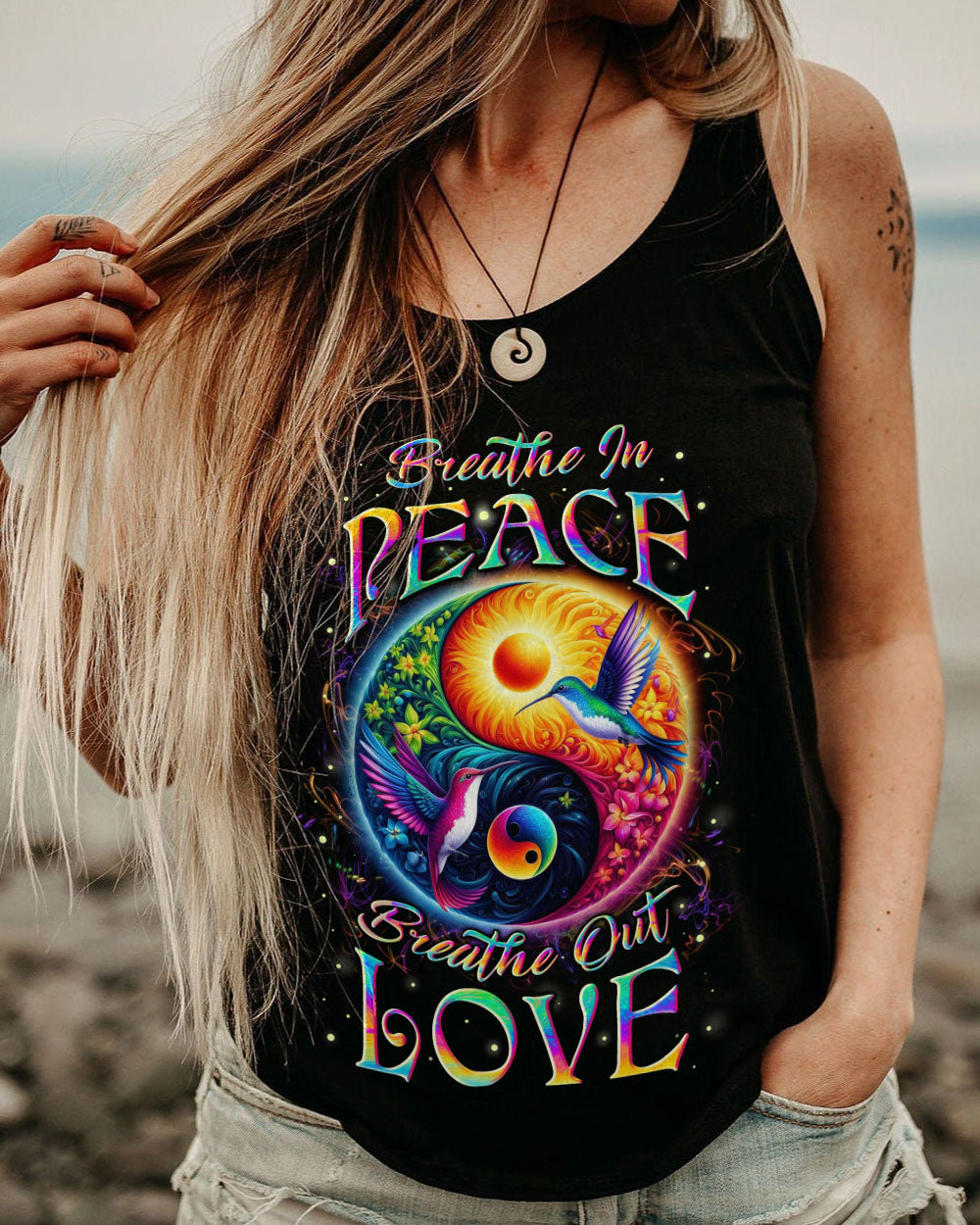 Breathe In Peace Breathe Out Love Yin Yang Hummingbird Mindful Quote Yoga AOP Shirts _11_ ONc2z