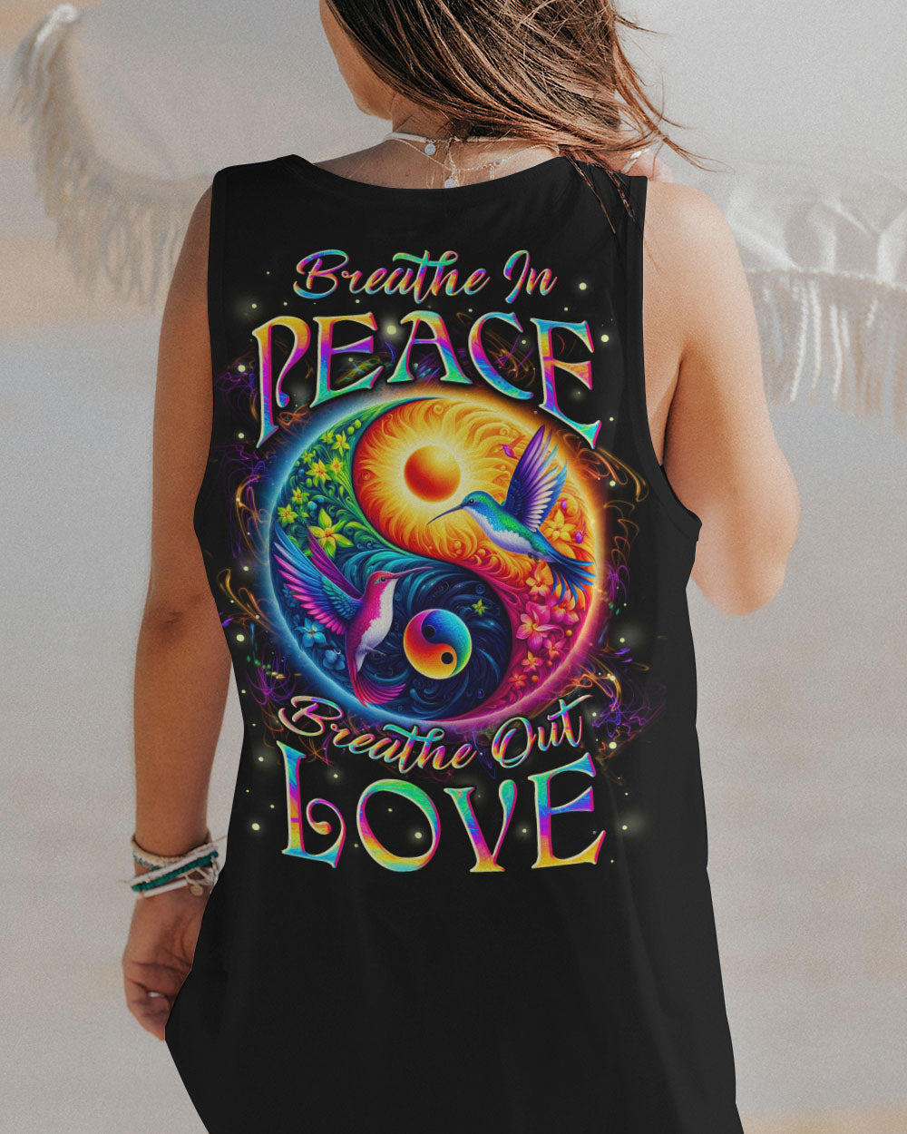 Breathe In Peace Breathe Out Love Yin Yang Hummingbird Mindful Quote Yoga AOP Shirts _13_ E5tpz