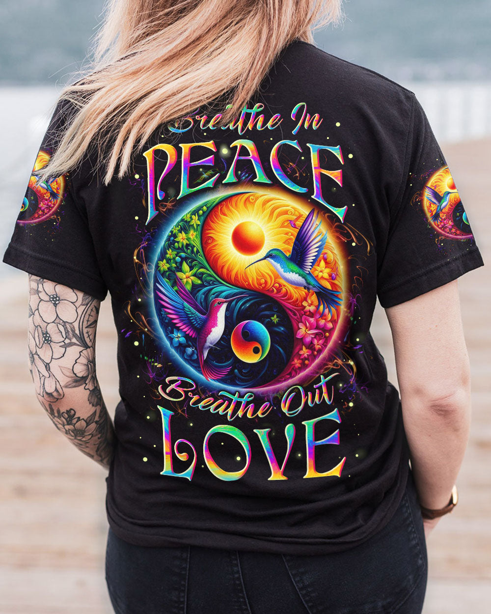 Breathe In Peace Breathe Out Love Yin Yang Hummingbird Mindful Quote Yoga AOP Shirts _1_ BAAzG