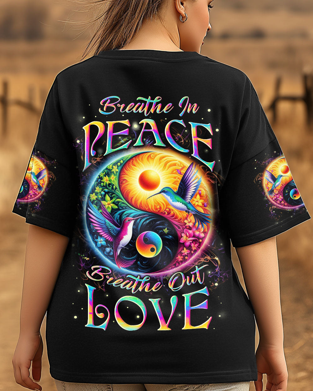 Breathe In Peace Breathe Out Love Yin Yang Hummingbird Mindful Quote Yoga AOP Shirts _3_ 9auoW