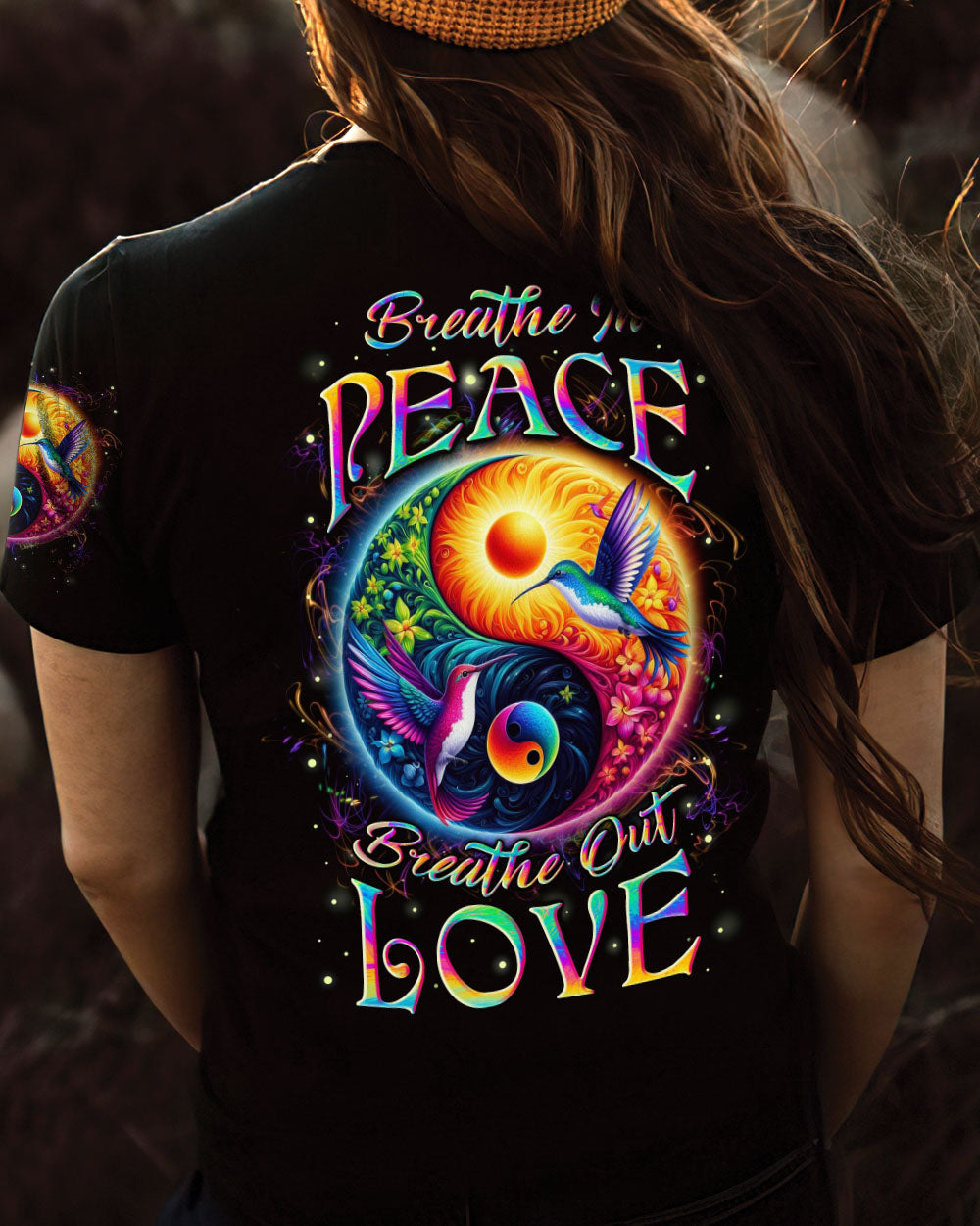 Breathe In Peace Breathe Out Love Yin Yang Hummingbird Mindful Quote Yoga AOP Shirts _5_ TjXki