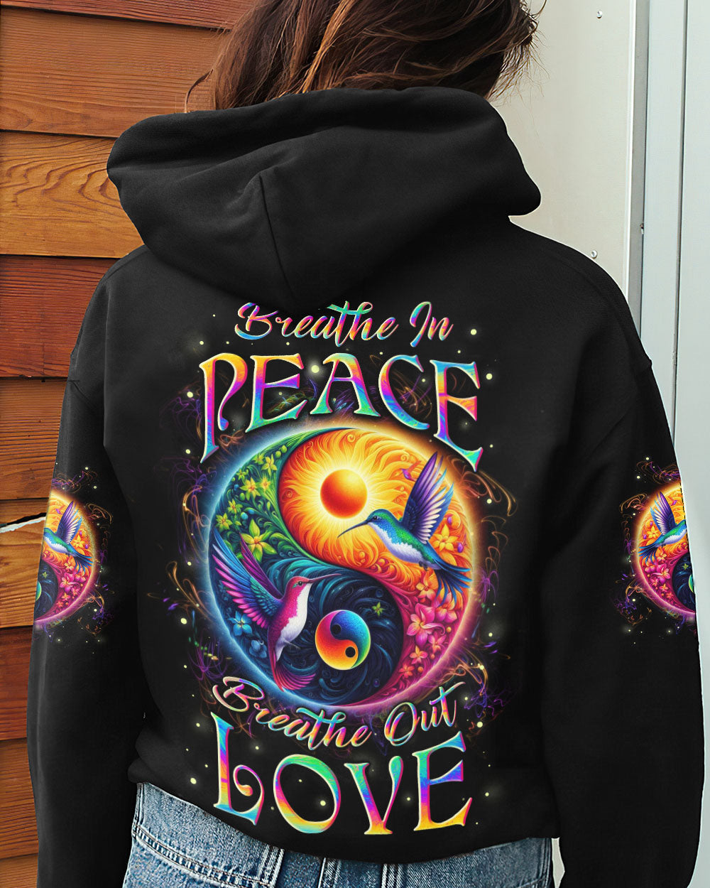 Breathe In Peace Breathe Out Love Yin Yang Hummingbird Mindful Quote Yoga AOP Shirts _7_ YXT4V