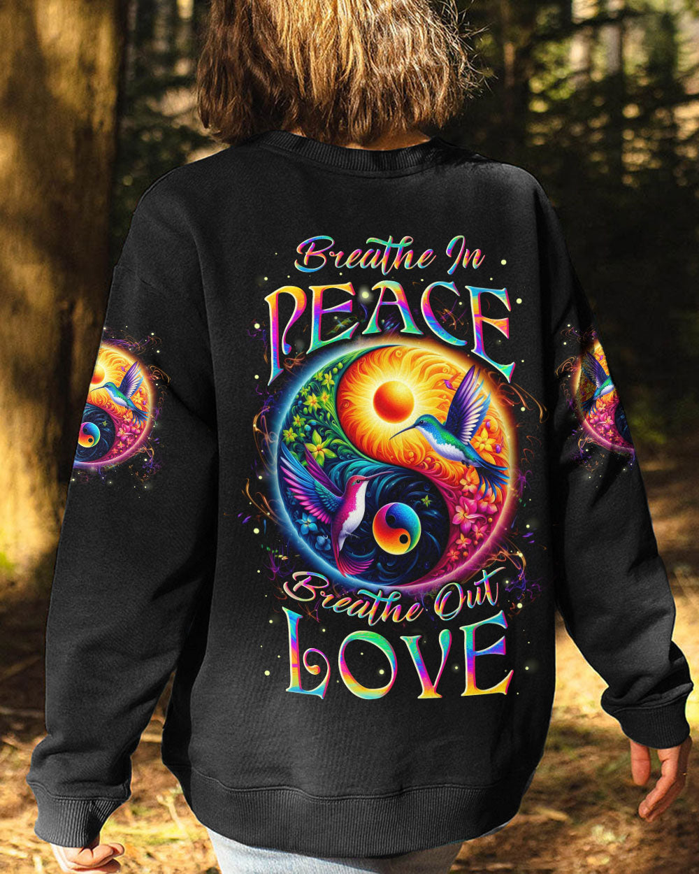 Breathe In Peace Breathe Out Love Yin Yang Hummingbird Mindful Quote Yoga AOP Shirts _9_ uOwTM