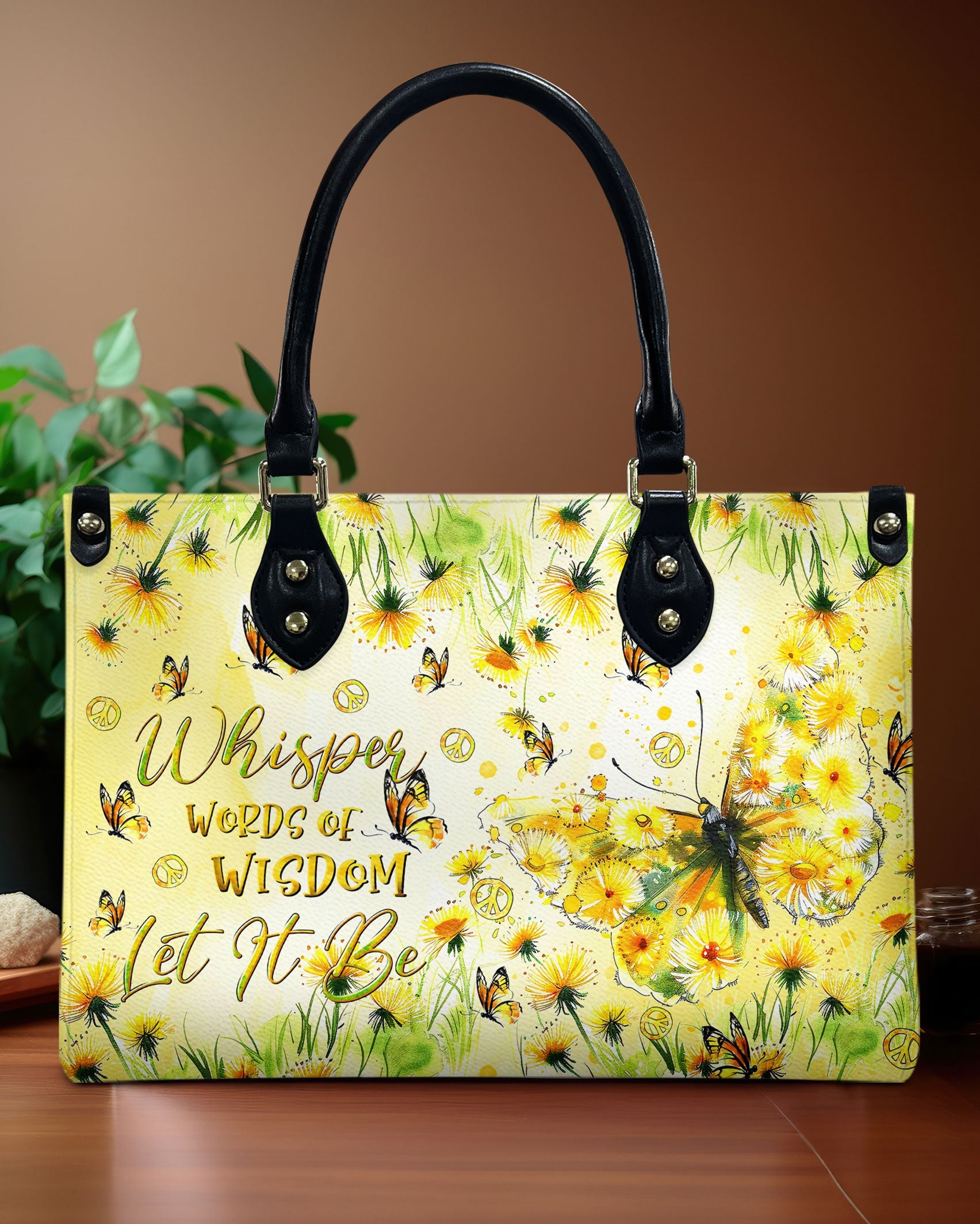 C2_A0Whisper Words of Wisdom Let It Be Yellow Floral Butterfly Hippie Leather Bag _1_ Un7pK