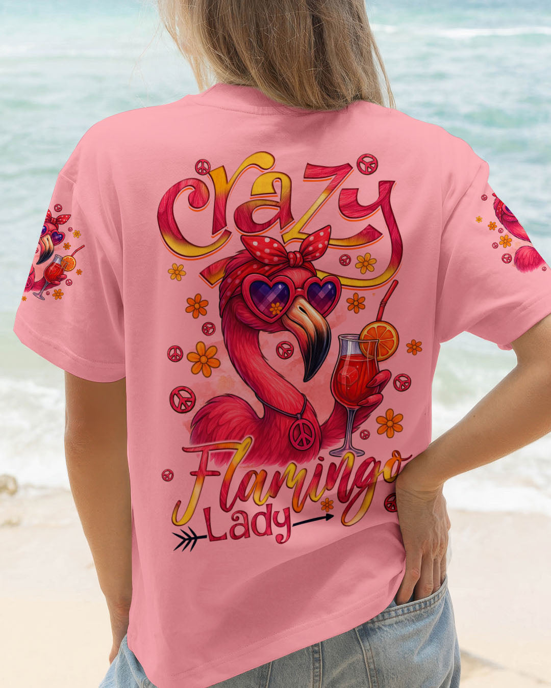 Crazy Flamingo Lady Fun Pink Peace Vibes Design for Women AOP Shirts _1_ yZ4mq