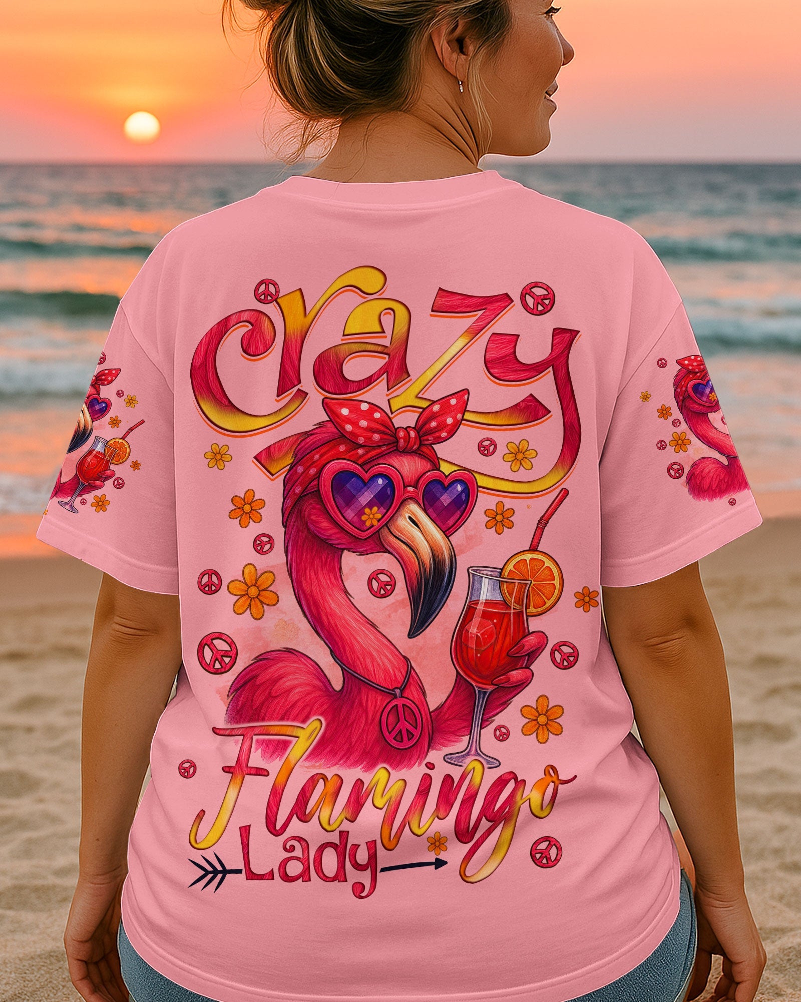 Crazy Flamingo Lady Fun Pink Peace Vibes Design for Women AOP Shirts _3_ B2T3h