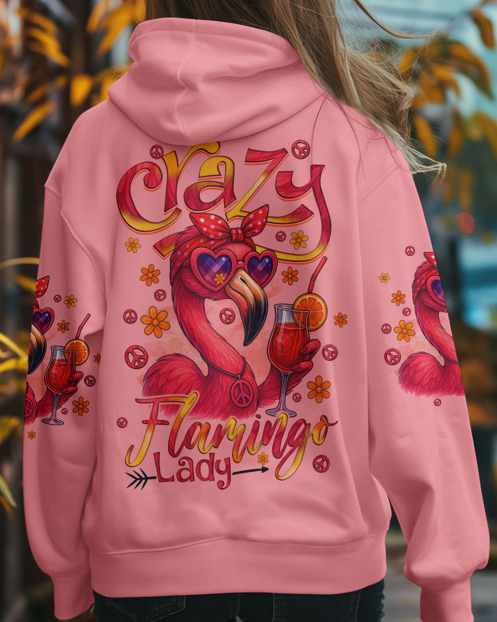 Crazy Flamingo Lady Fun Pink Peace Vibes Design for Women AOP Shirts _7_ 8OBeA