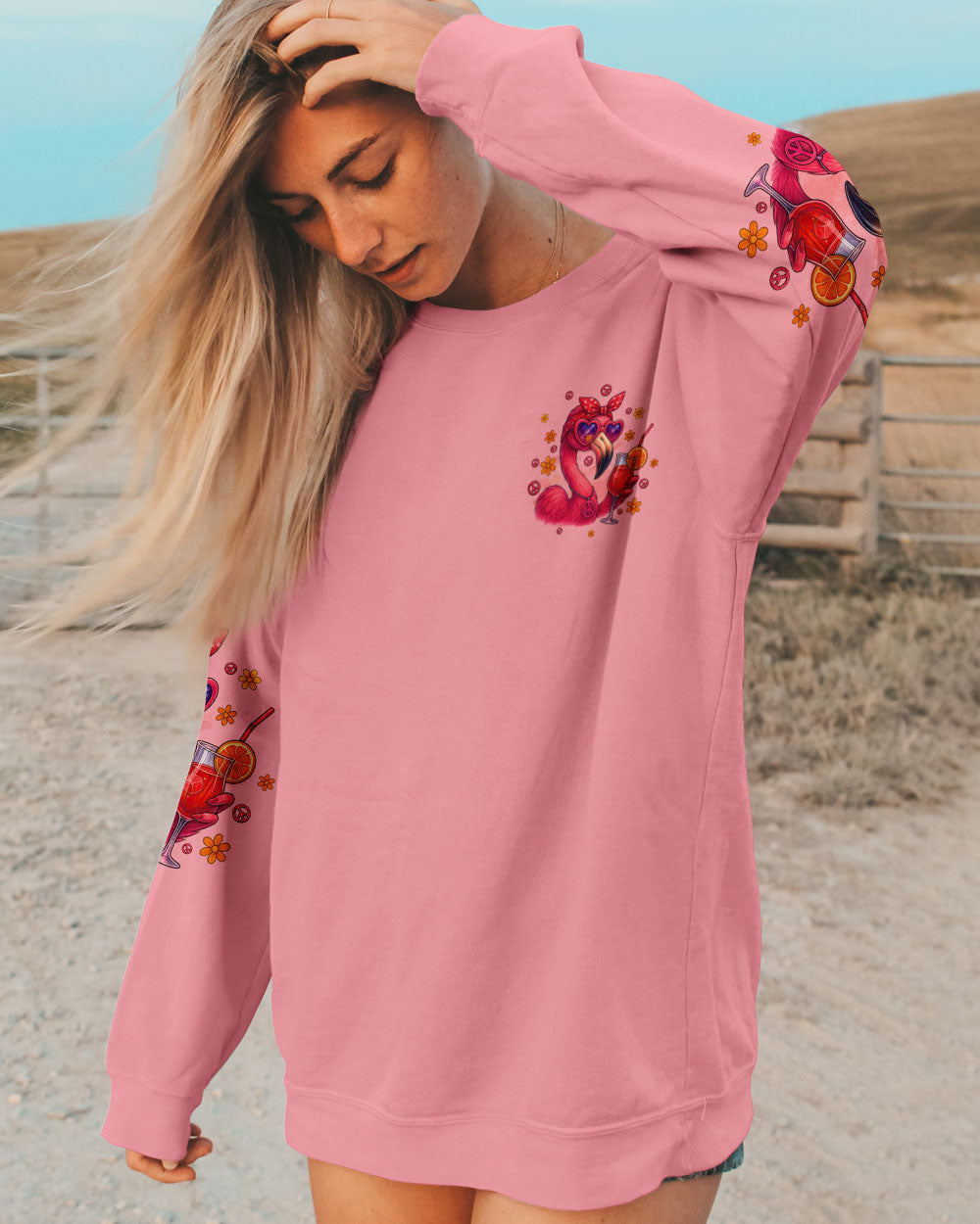 Crazy Flamingo Lady Fun Pink Peace Vibes Design for Women AOP Shirts _8_ JrdGB
