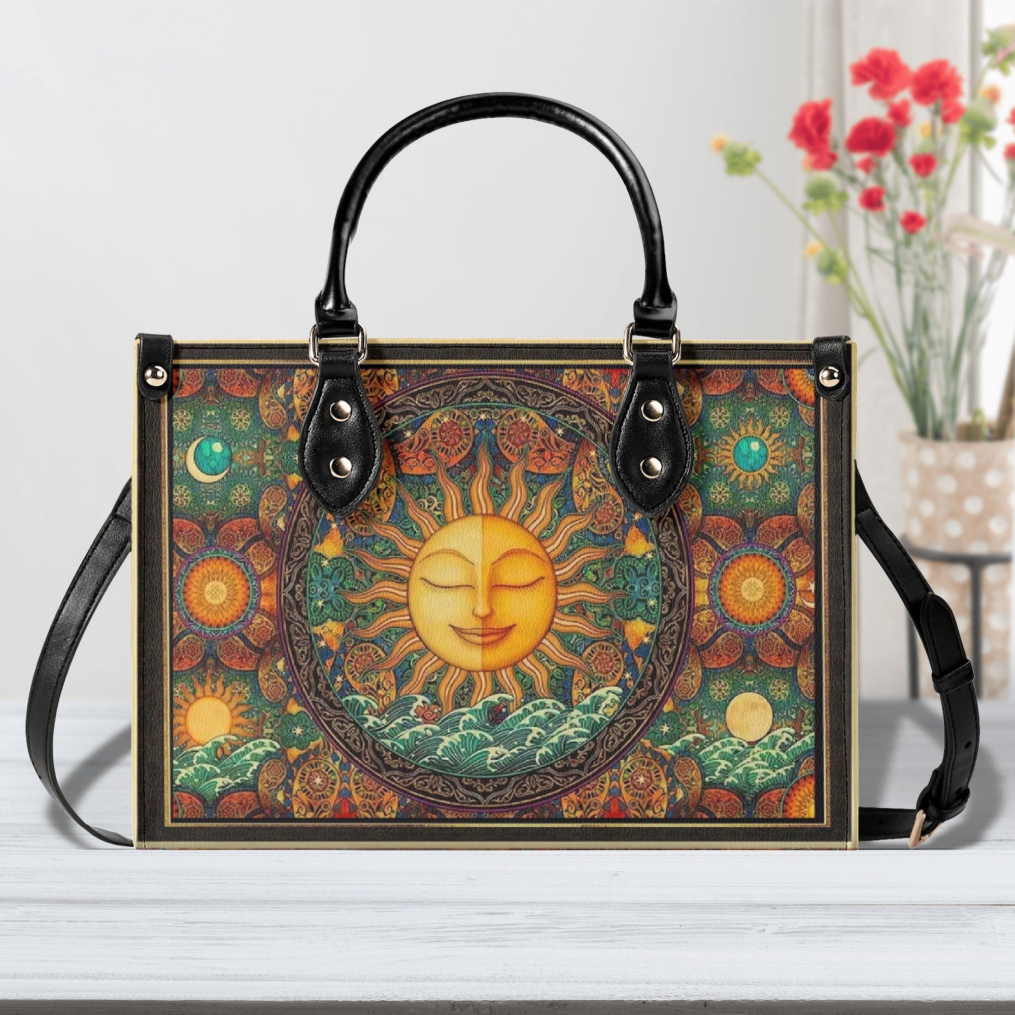 Custom Name Boho Celestial Sun and Moon Personalized Leather Bag Gift for Women _7_ 9yxhP