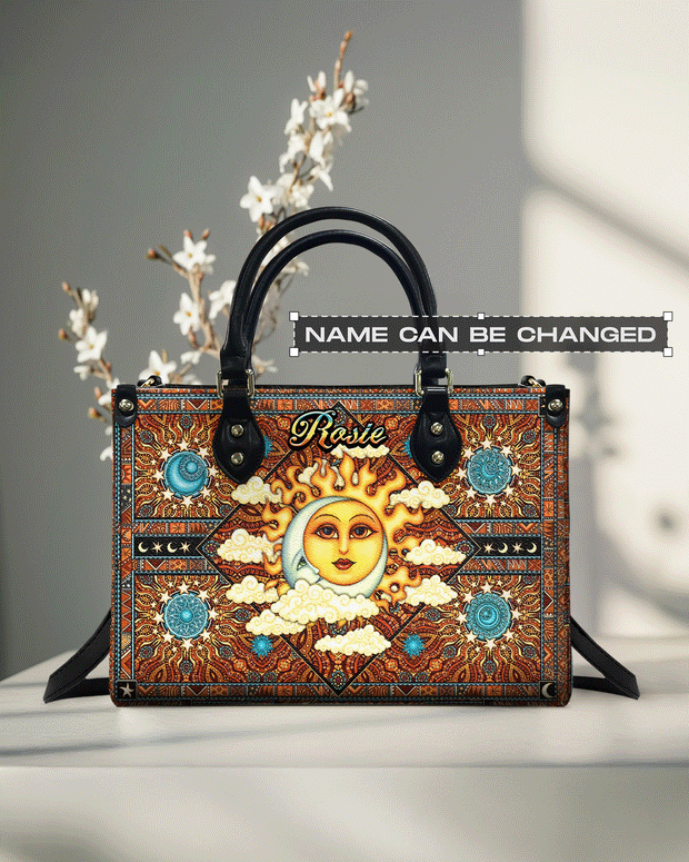 Custom Name Celestial Sun and Moon Astrology - Personalized Leather Bag - Gift for Women