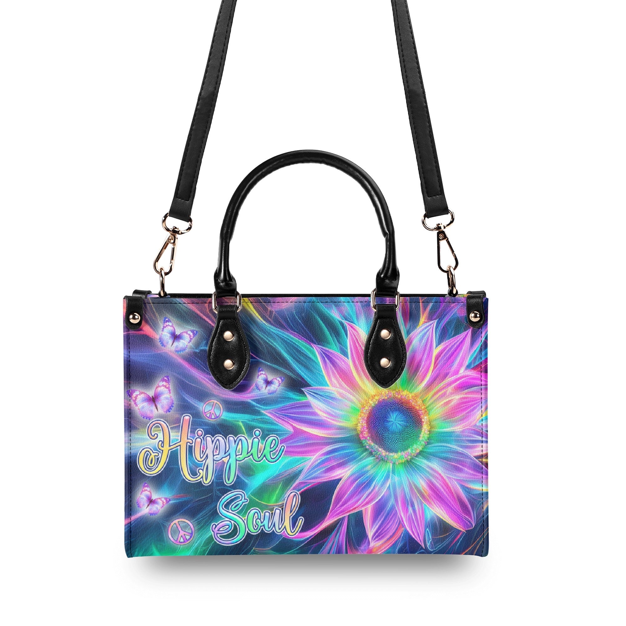 Custom Name Hippie Soul Psychedelic Butterfly and Sunflower Personalized Leather Bag _7_ KmstU