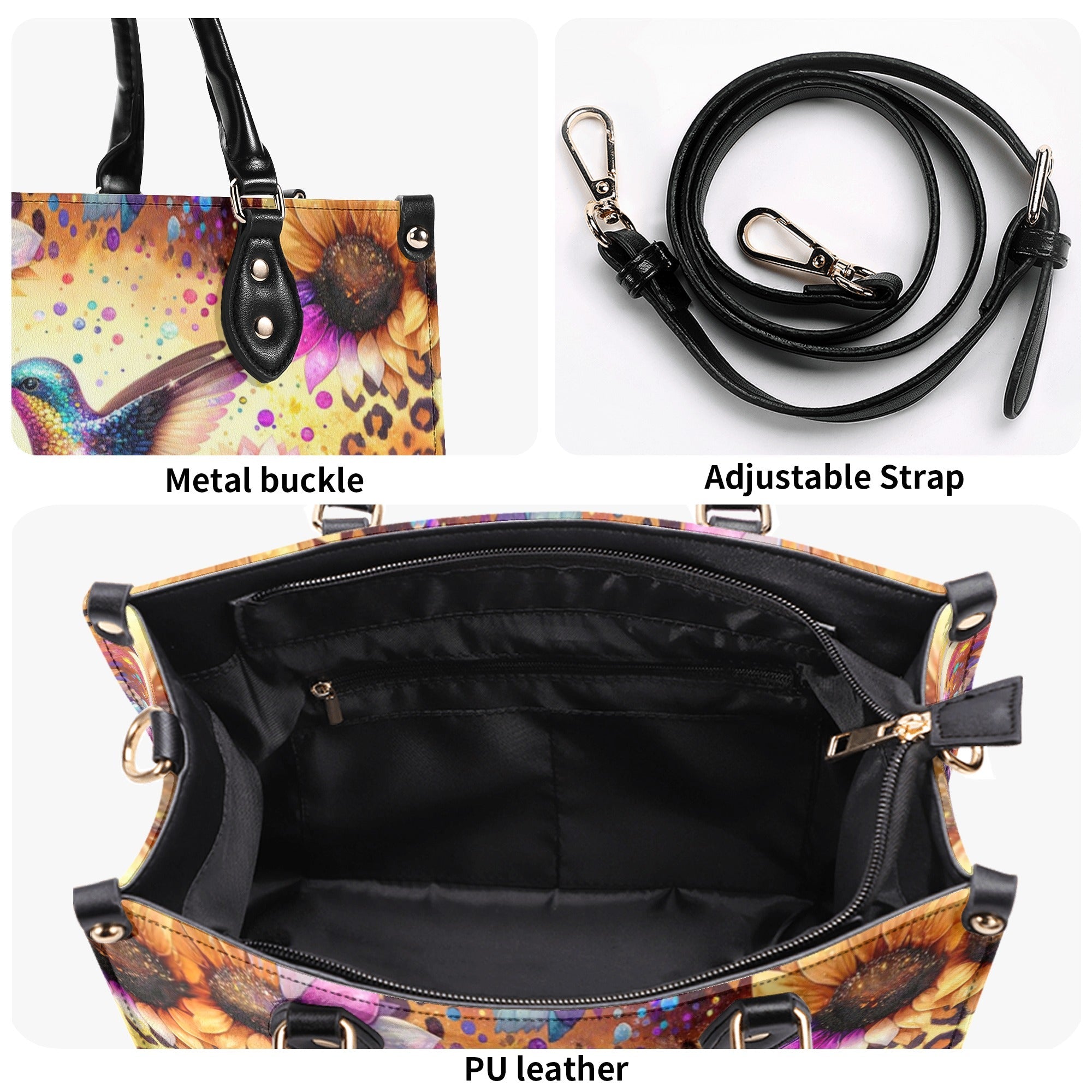 Custom Name Hummingbird Sunflower Colorful Hippie Design for Women Personalized Leather Bag _7_ REd9M
