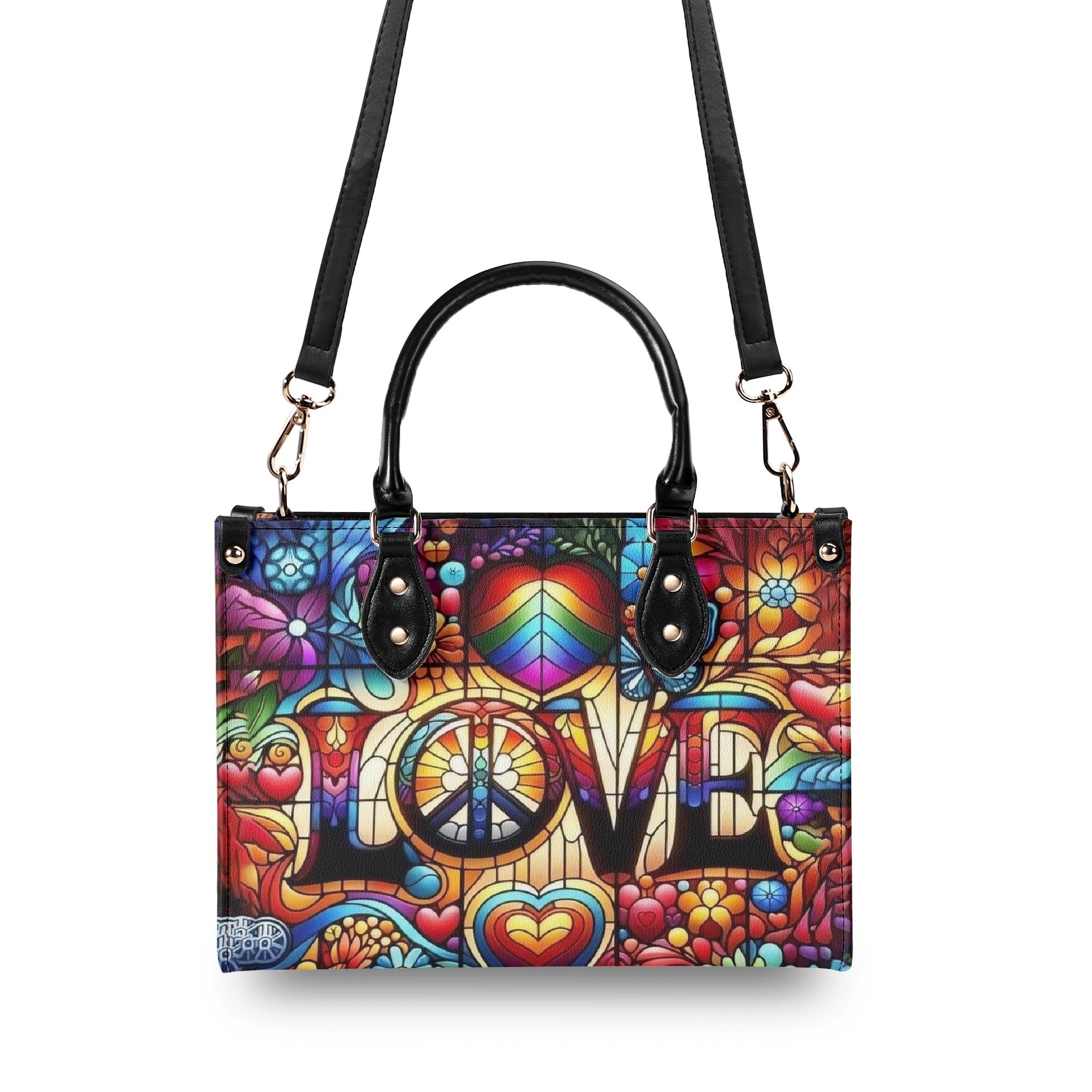 Custom Name Love Hippie Colorful Peace Sign and Hearts Personalized Leather Bag _10_ kxFTc