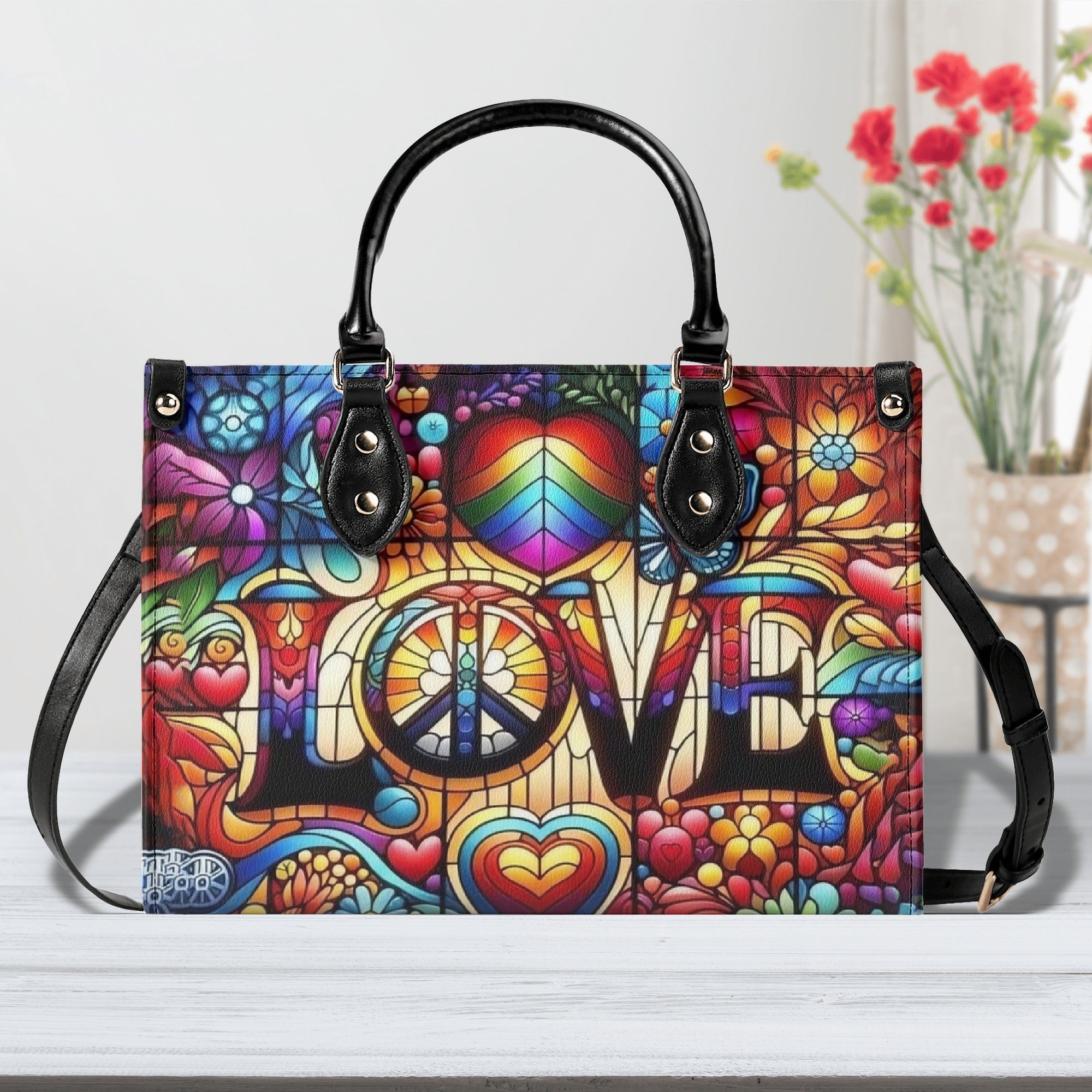 Custom Name Love Hippie Colorful Peace Sign and Hearts Personalized Leather Bag _9_ QJTPA