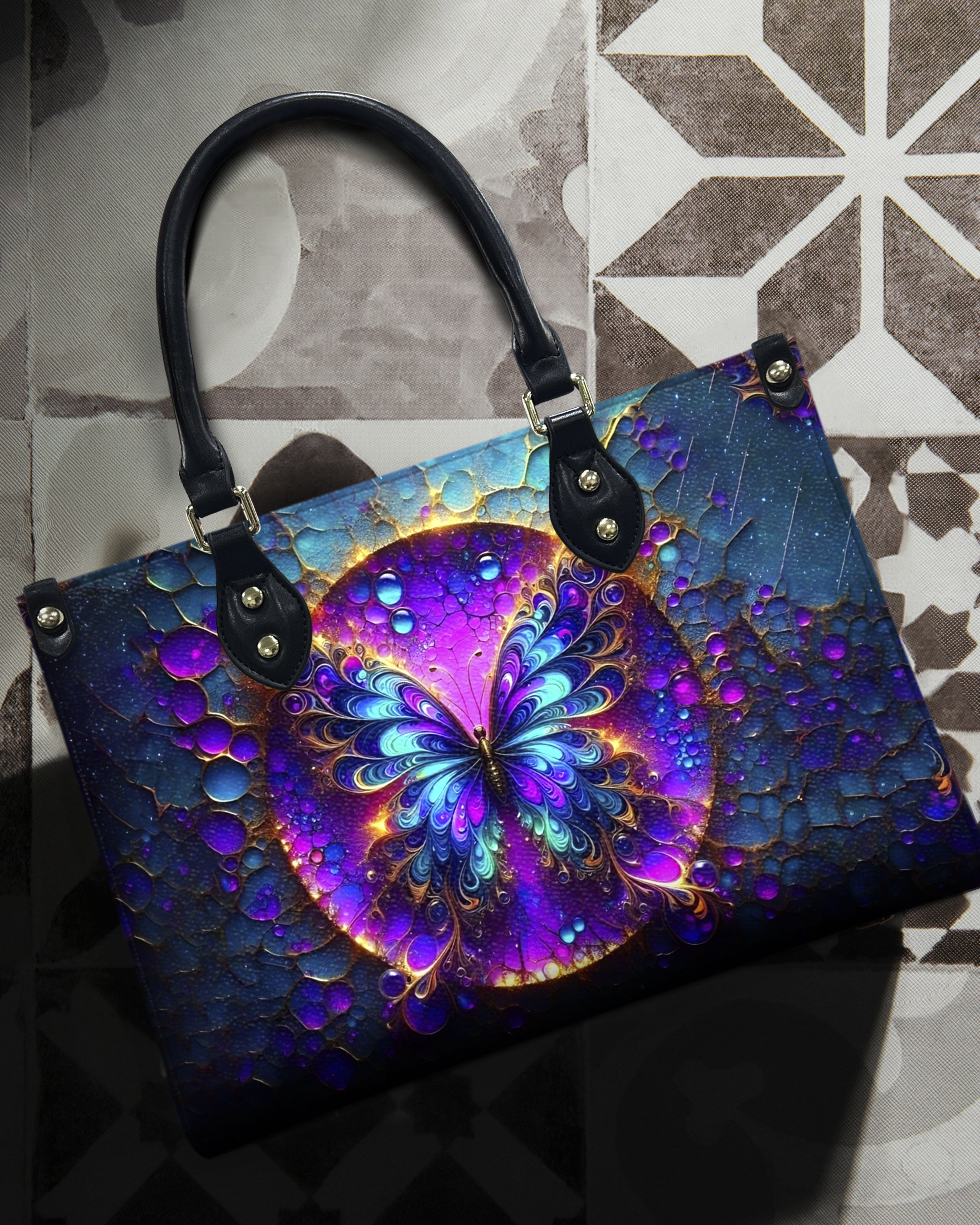 Custom Name Neon Psychedelic Butterfly Personalized Leather Bag Gift for Women _10_ u7g5R
