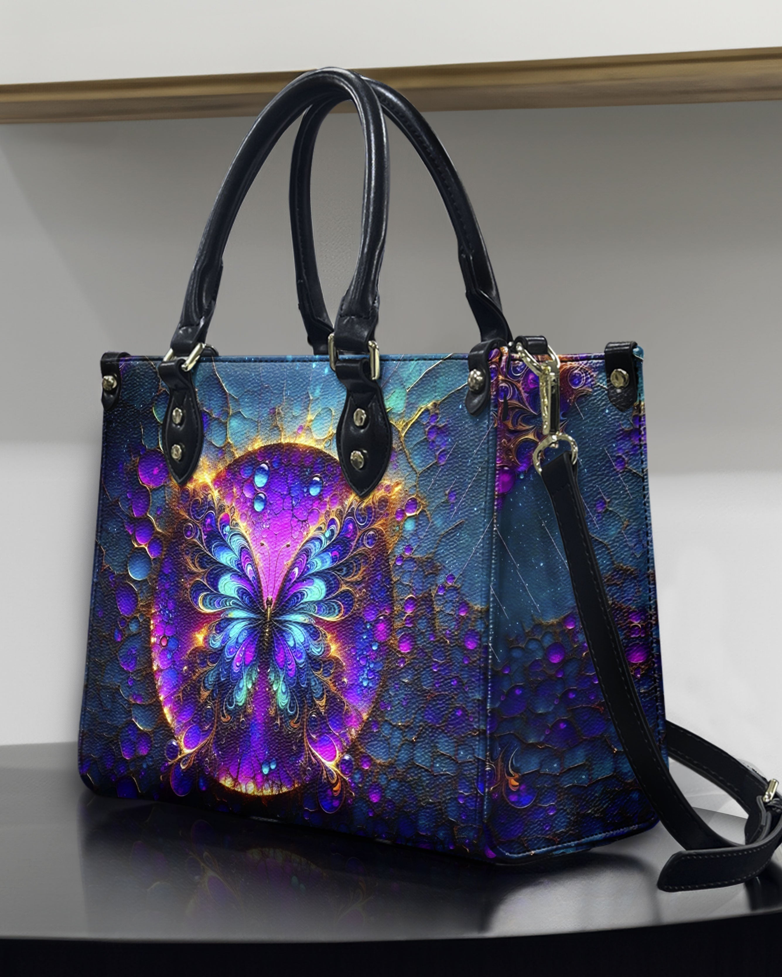 Custom Name Neon Psychedelic Butterfly Personalized Leather Bag Gift for Women _11_ tqhyw