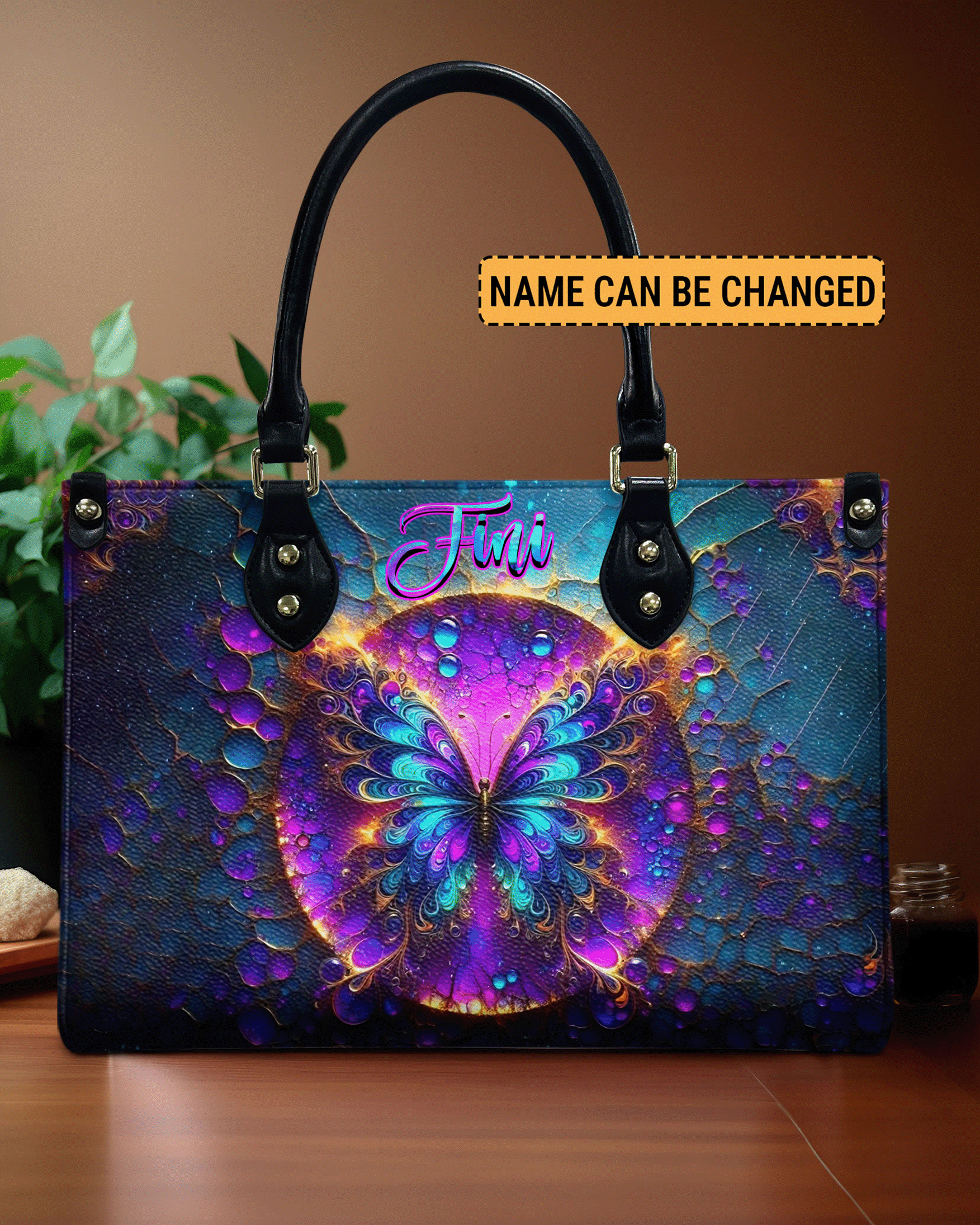 Custom Name Neon Psychedelic Butterfly Personalized Leather Bag Gift for Women _9_ Yb9bz