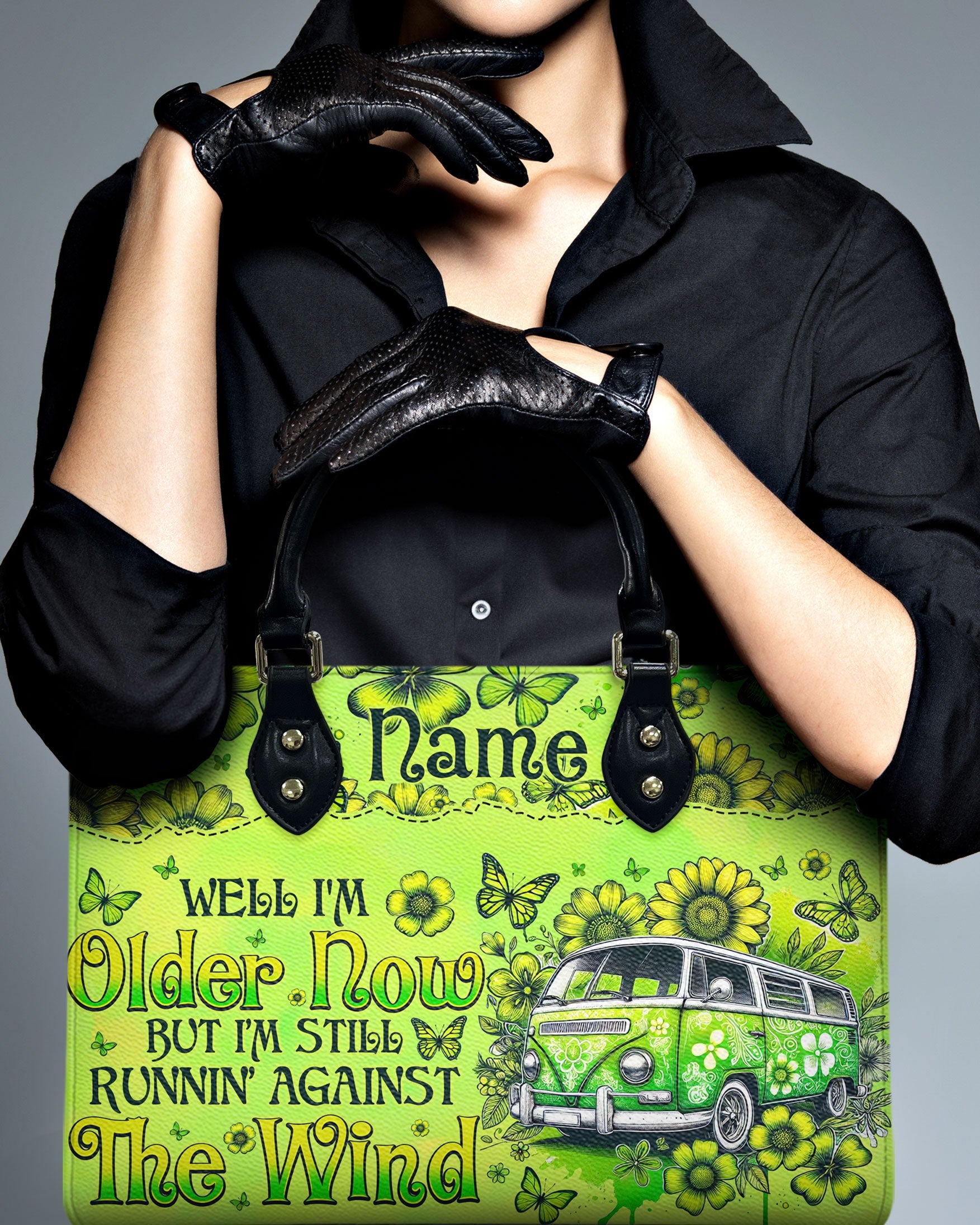 Custom Name Older Now but Still Running Against the Wind Green Hippie Van Personalized Leather Bag _3_ BVVje