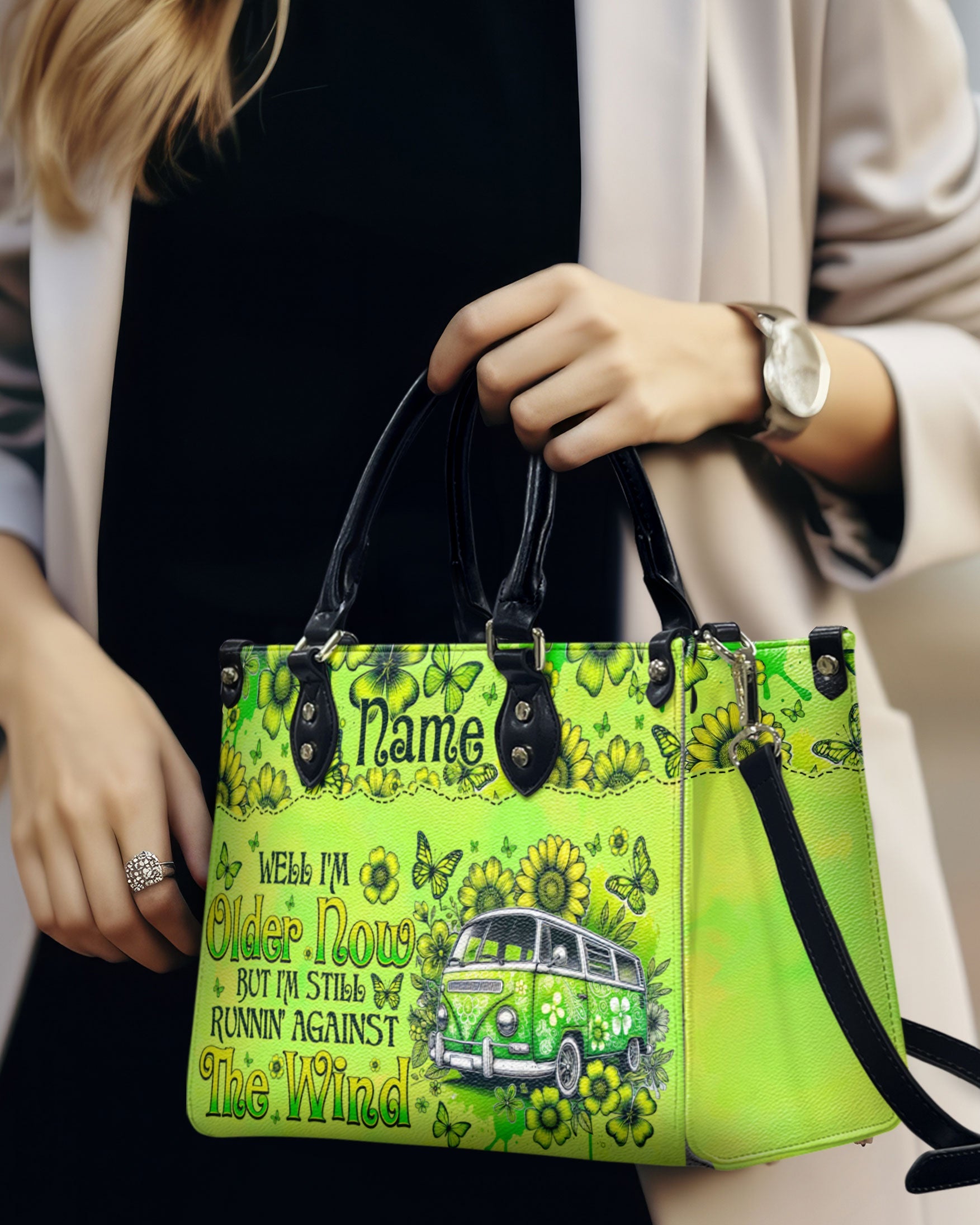 Custom Name Older Now but Still Running Against the Wind Green Hippie Van Personalized Leather Bag _4_ Hvv5N