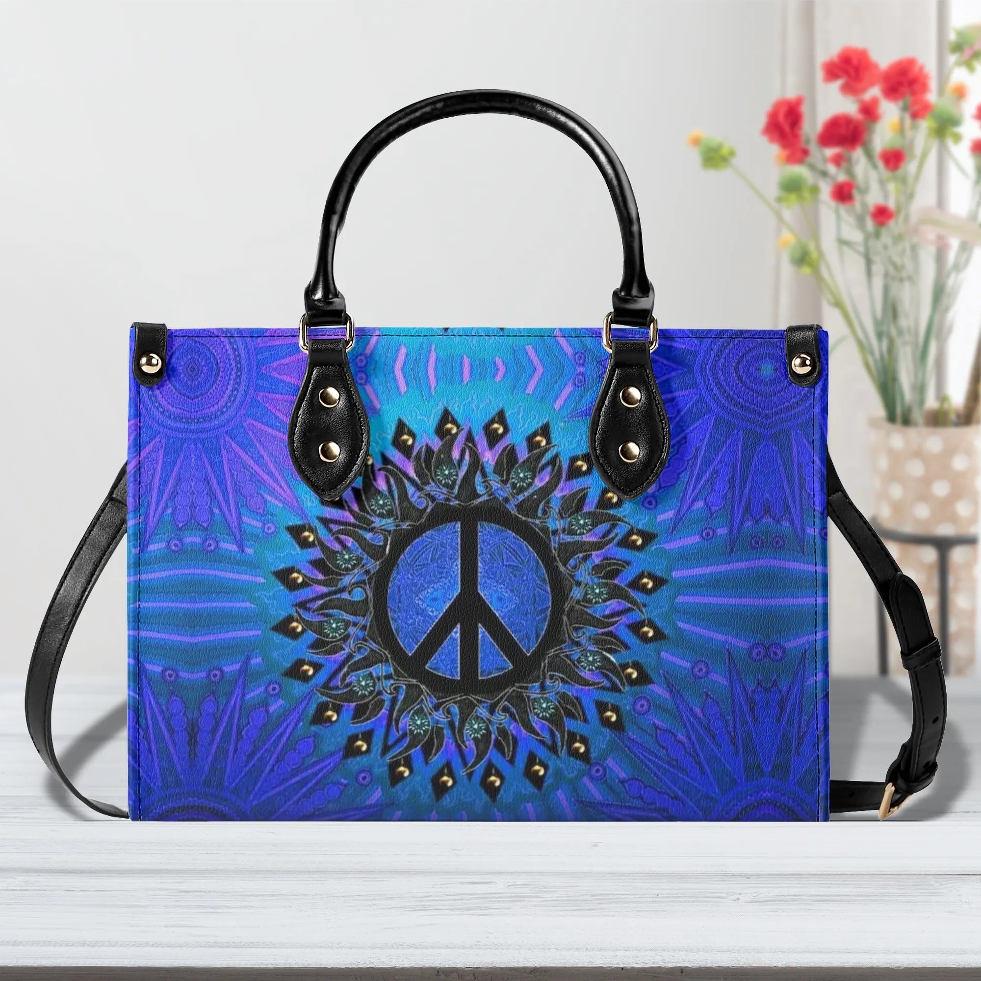 Custom Name Peace Sign Mandala Blue Psychedelic Hippie Leather Bag _8_ yYsEB