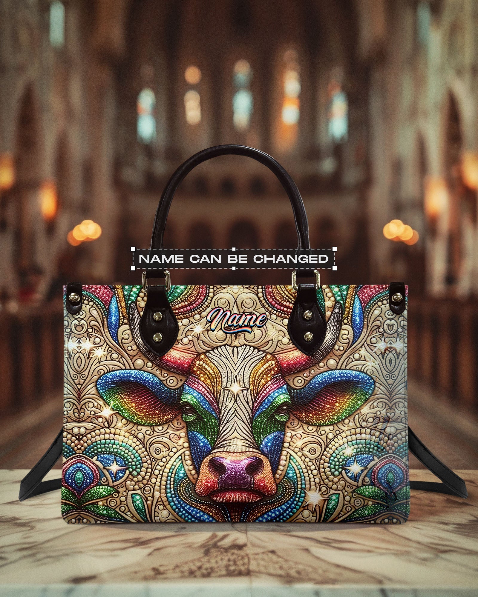 Custom Name Psychedelic Cow Mandala Personalized Leather Bag Gift for Women _1_ Oakr0