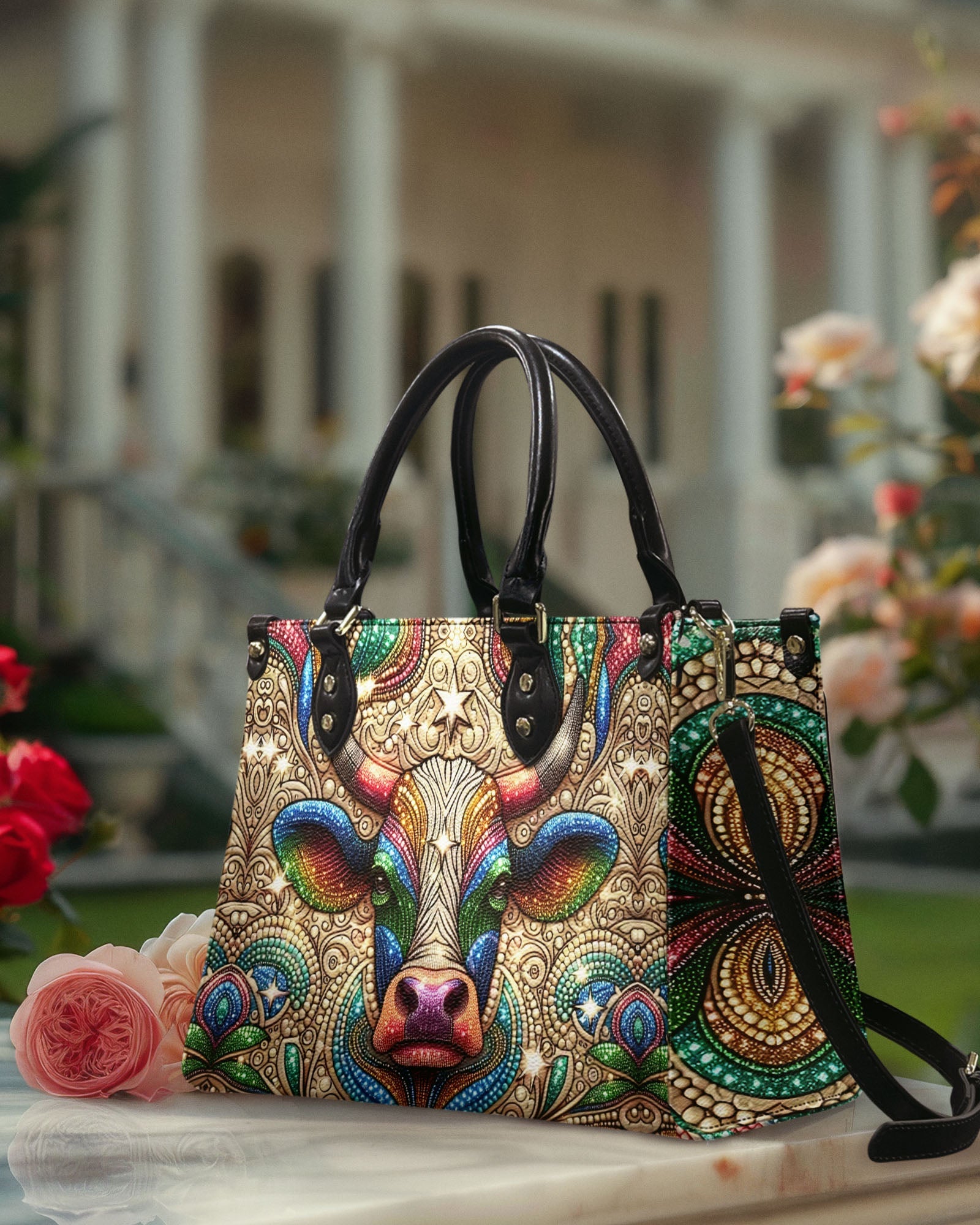 Custom Name Psychedelic Cow Mandala Personalized Leather Bag Gift for Women _3_ t4rME