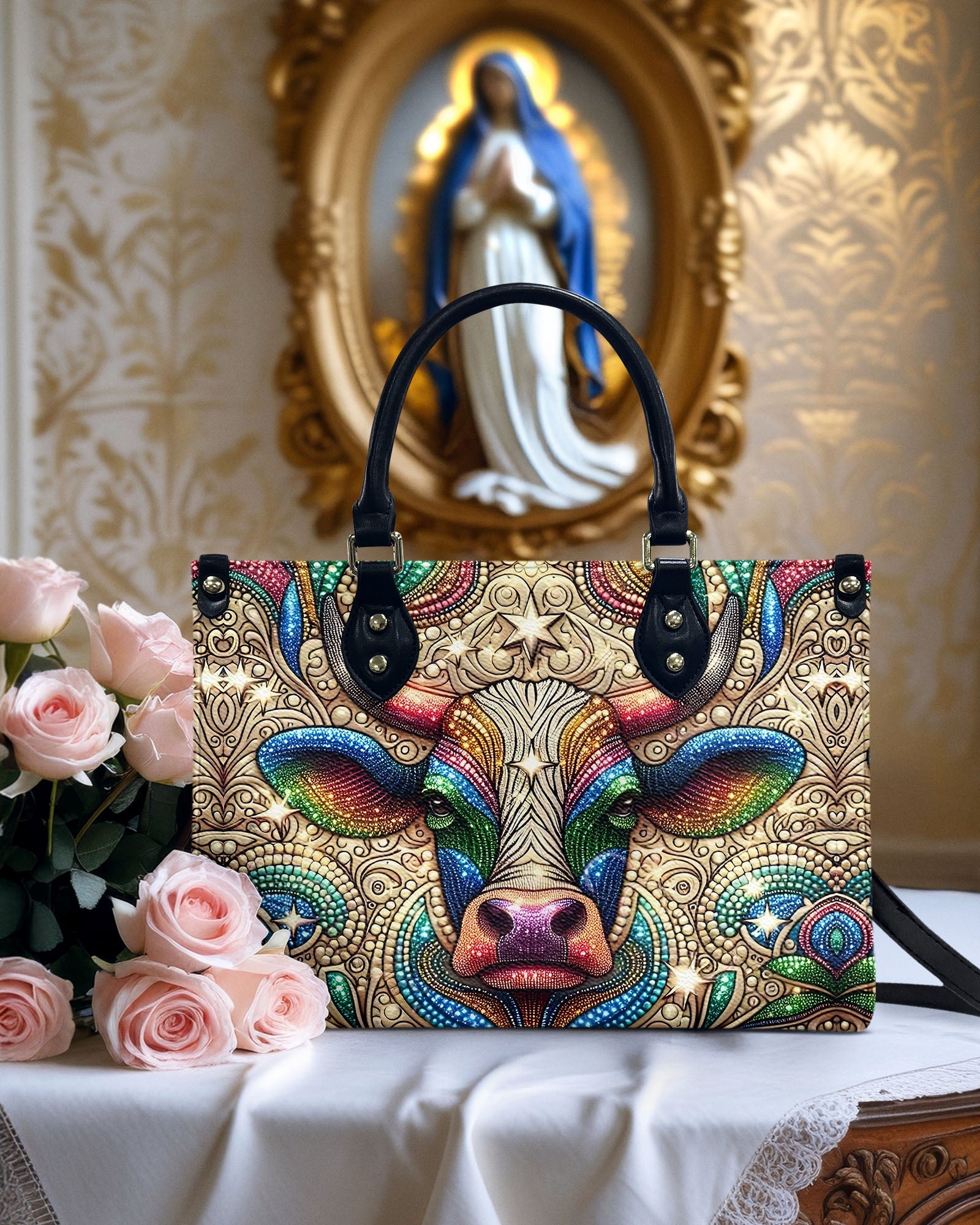 Custom Name Psychedelic Cow Mandala Personalized Leather Bag Gift for Women _4_ yrbXb