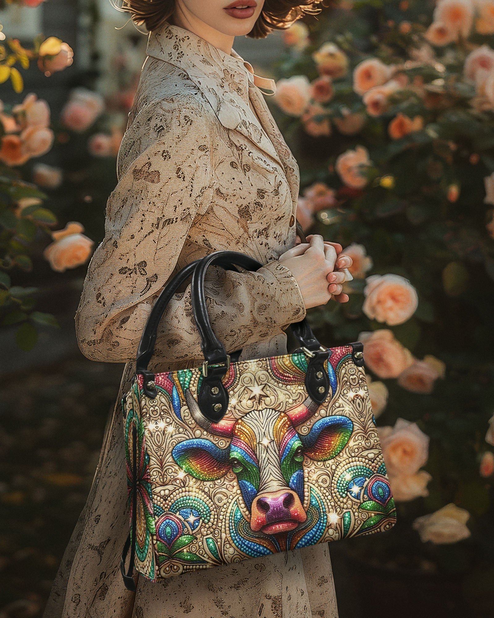 Custom Name Psychedelic Cow Mandala Personalized Leather Bag Gift for Women _6_ HLQQw