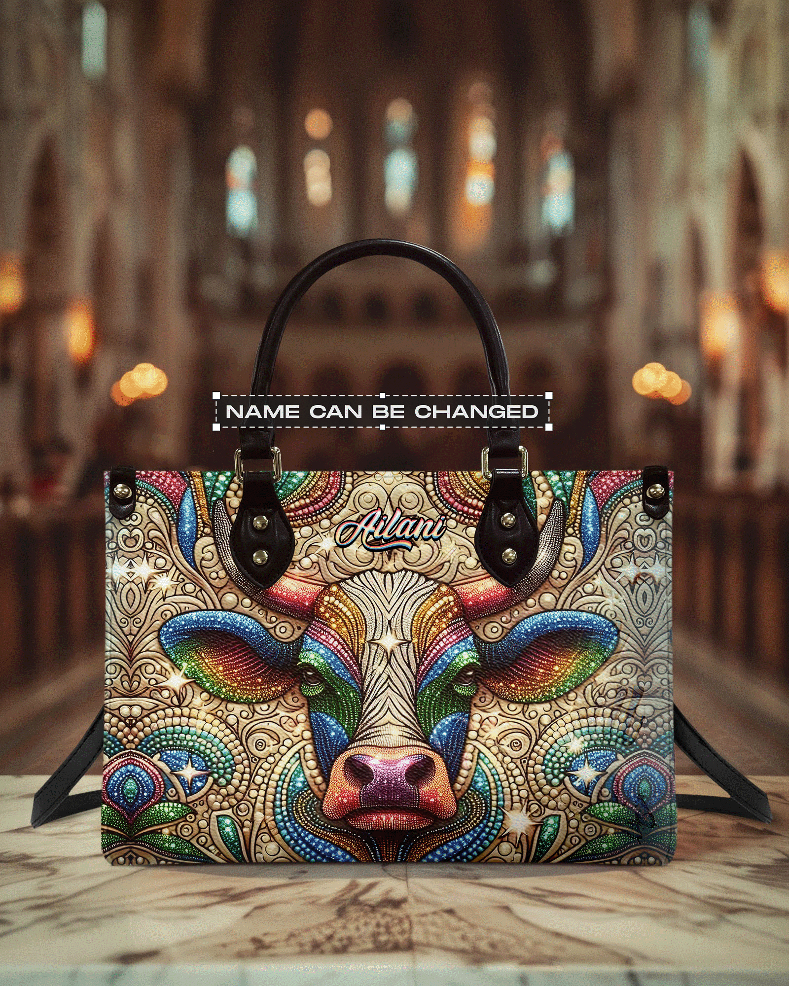 Custom Name Psychedelic Cow Mandala Personalized Leather Bag Gift for Women _8_ 36mn4