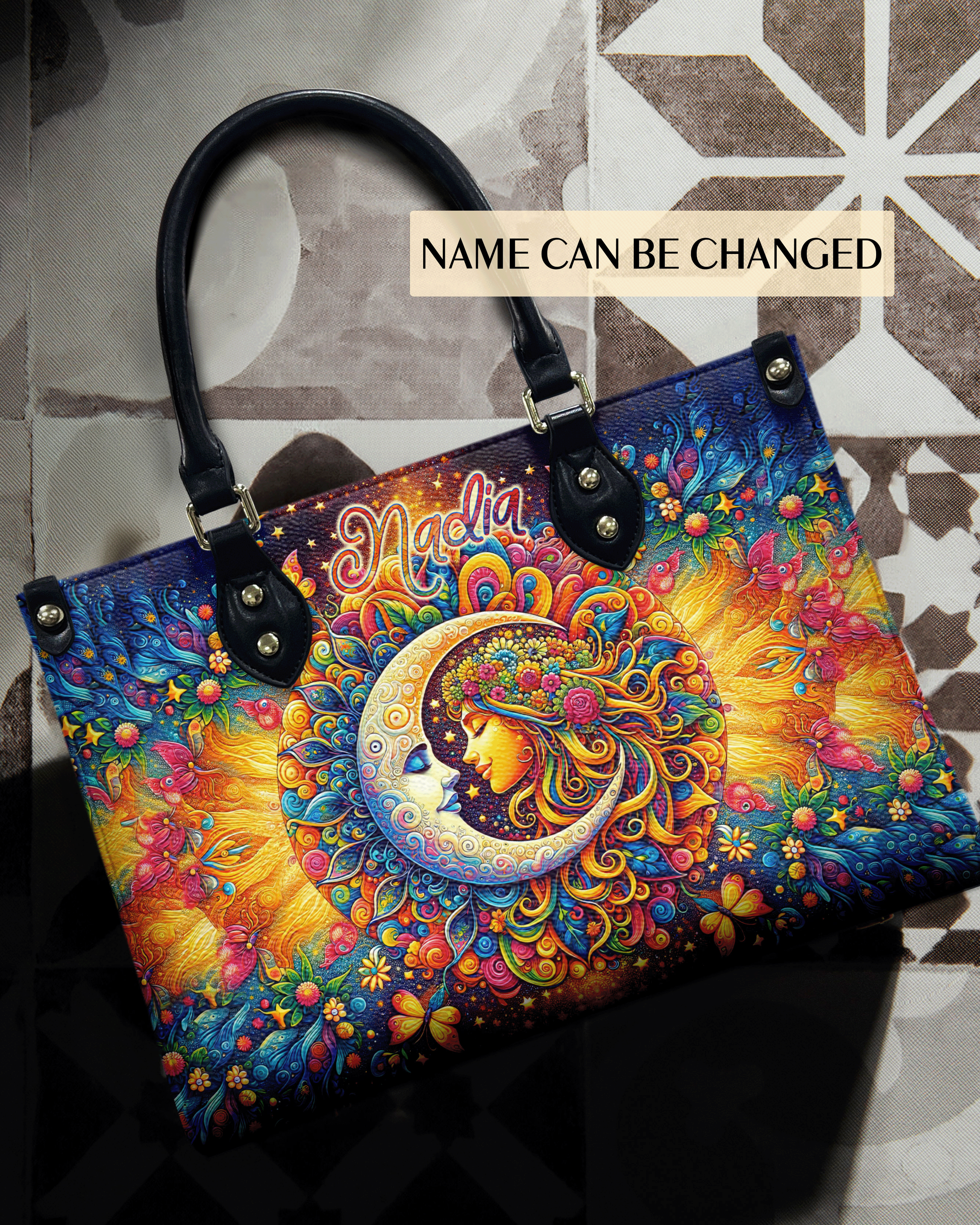 Custom Name Sun and Moon Hippie Psychedelic Colorful Boho Style Leather Bag _2_ Q03tp