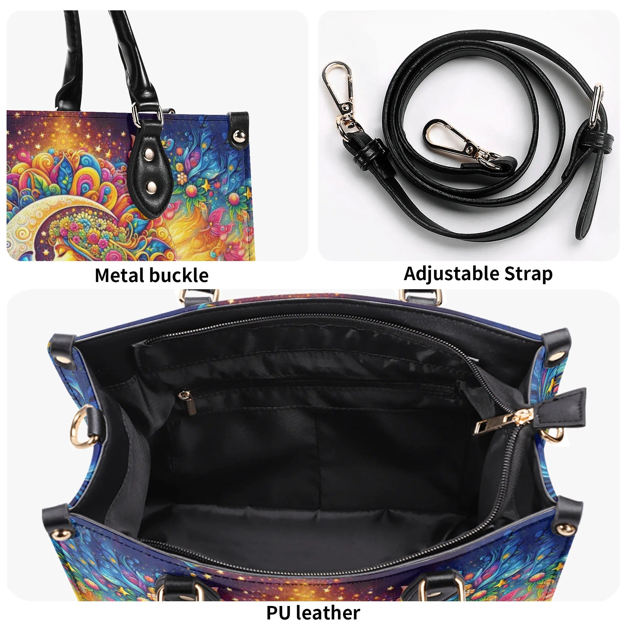 Custom Name Sun and Moon Hippie Psychedelic Colorful Boho Style Leather Bag _3_ Imq0t