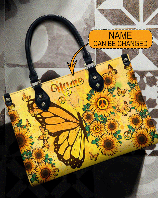 Custom Name Sunflower Butterfly - Personalized Leather Bag - Gift for Women