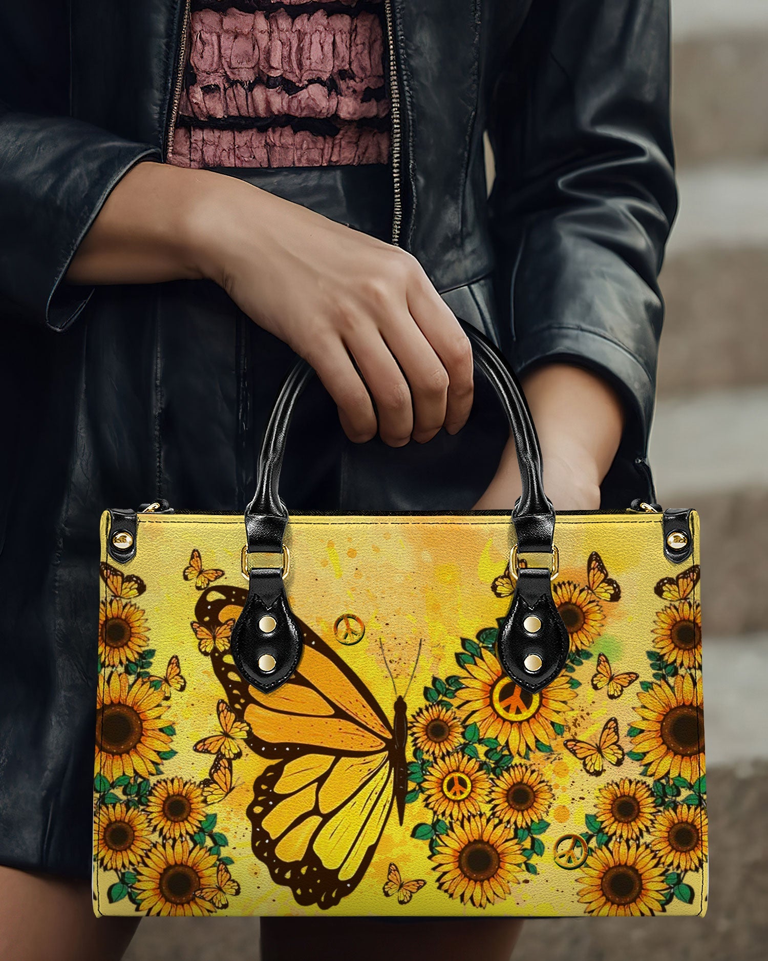 Custom Name Sunflower Butterfly Personalized Leather Bag Gift for Women _2_ LXQIN