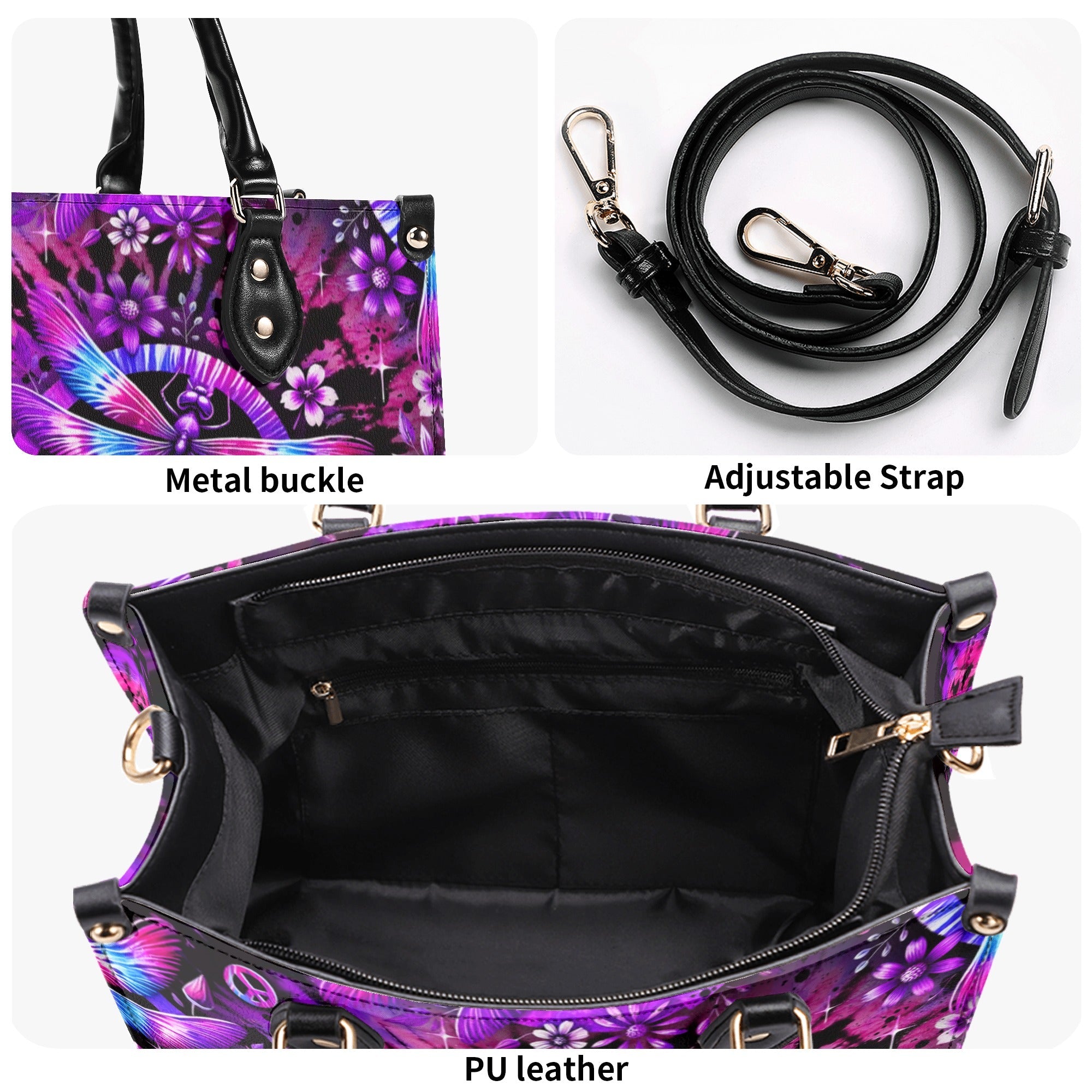 Custom Name Tie Dye Dragonfly and Peace Sign Personalized Hippie Leather Bag Gift for Women _11_ JO4J4