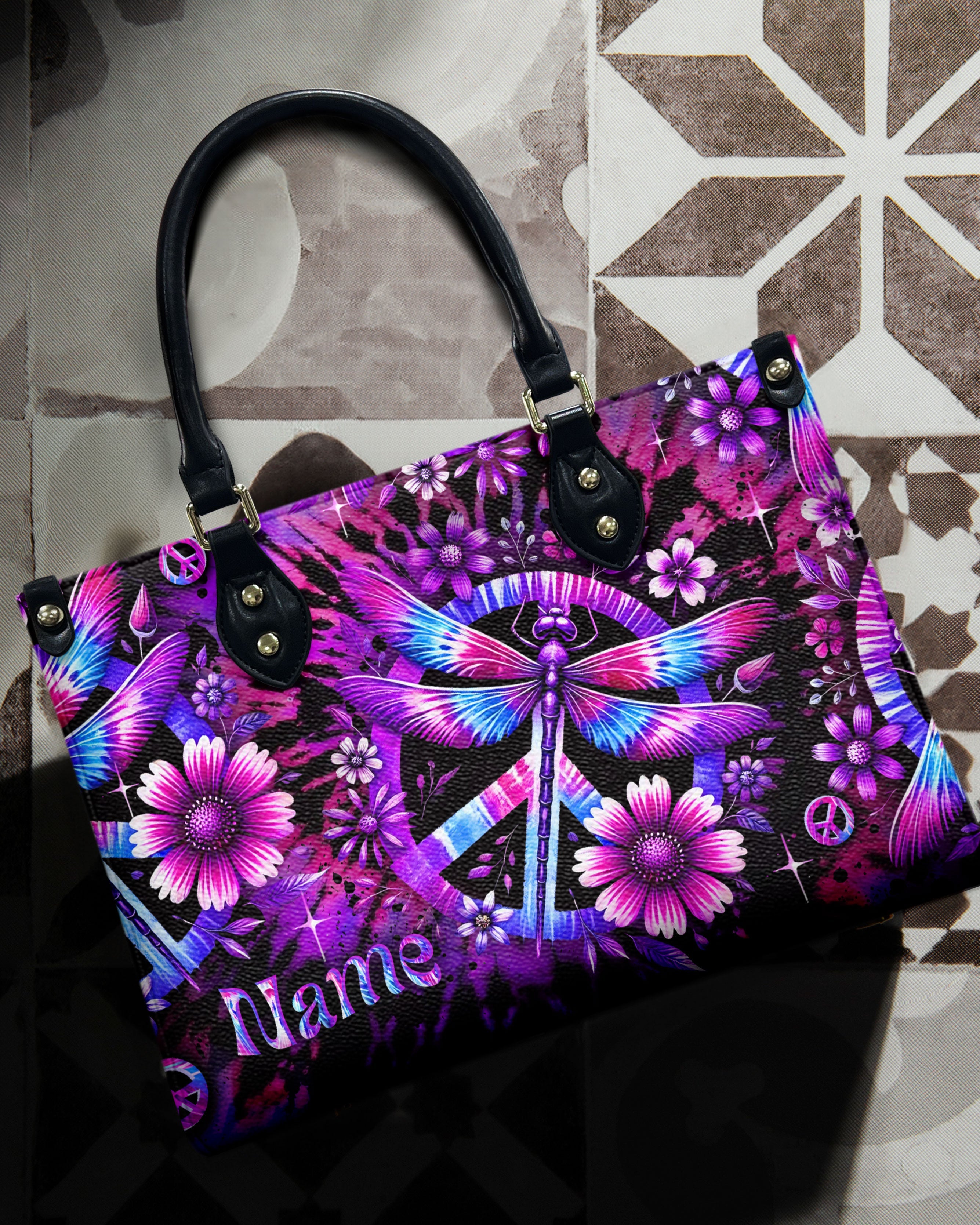 Custom Name Tie Dye Dragonfly and Peace Sign Personalized Hippie Leather Bag Gift for Women _12_ 7mXO3