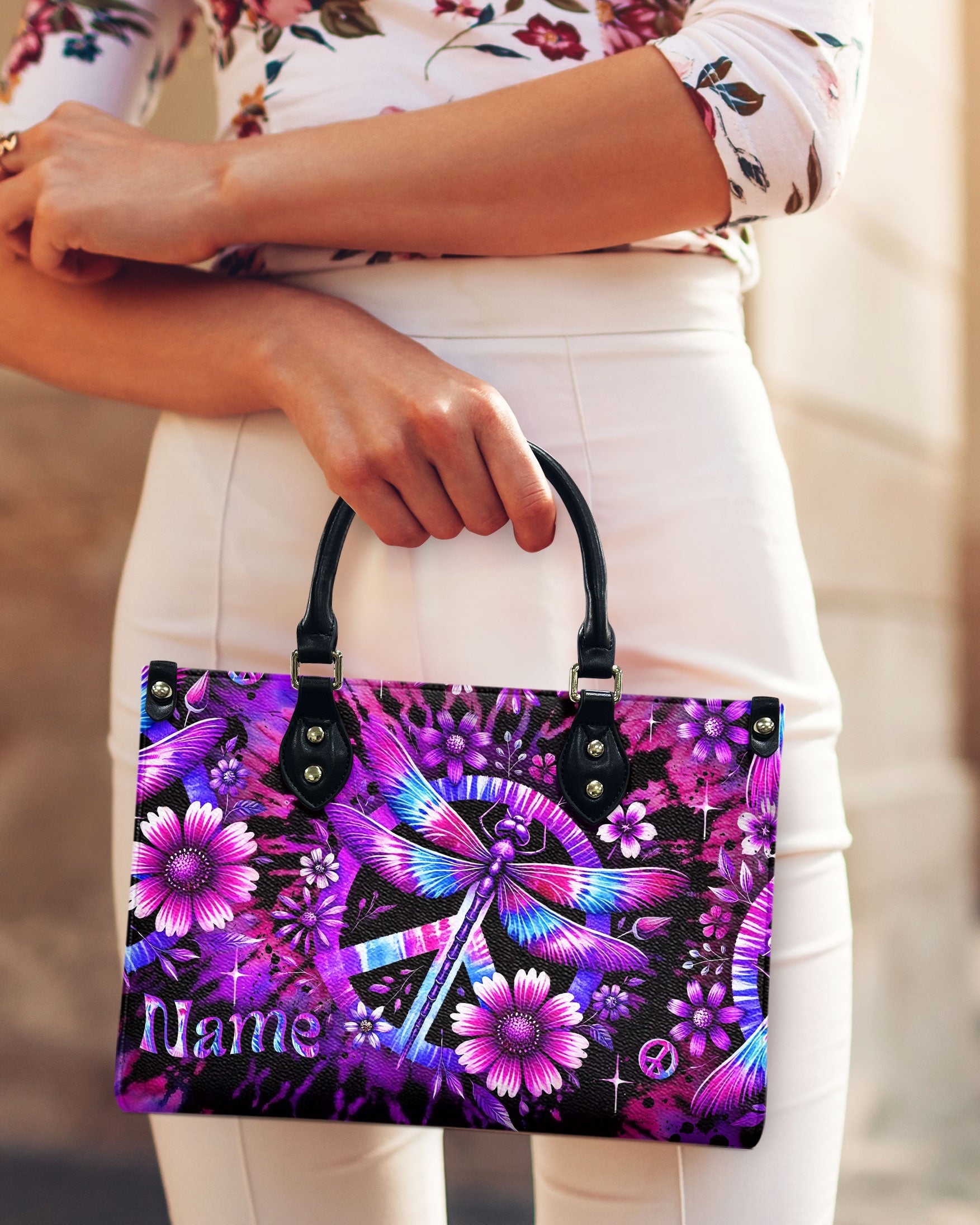 Custom Name Tie Dye Dragonfly and Peace Sign Personalized Hippie Leather Bag Gift for Women _13_ wPx8g