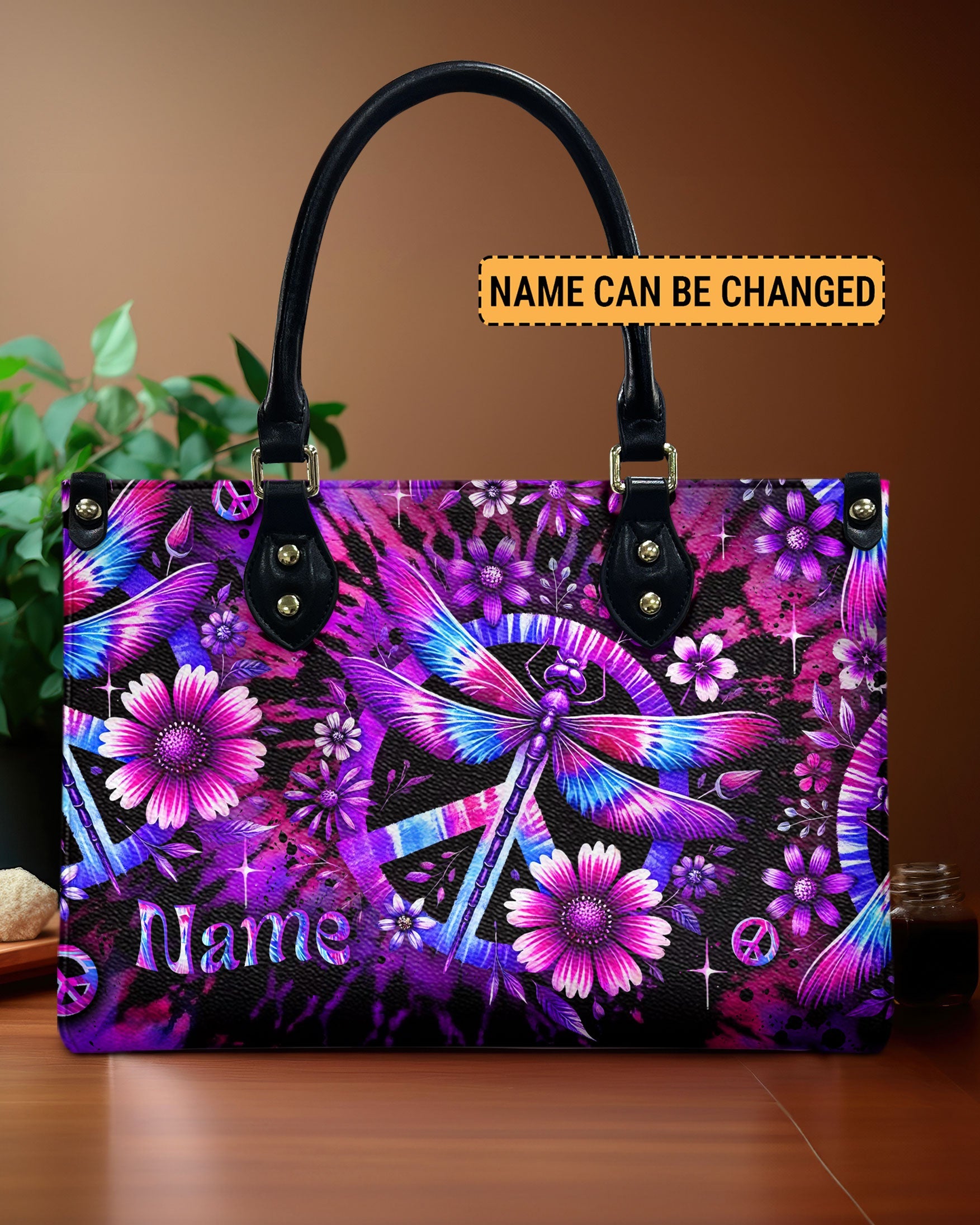 Custom Name Tie Dye Dragonfly and Peace Sign Personalized Hippie Leather Bag Gift for Women _1_ 2sozU
