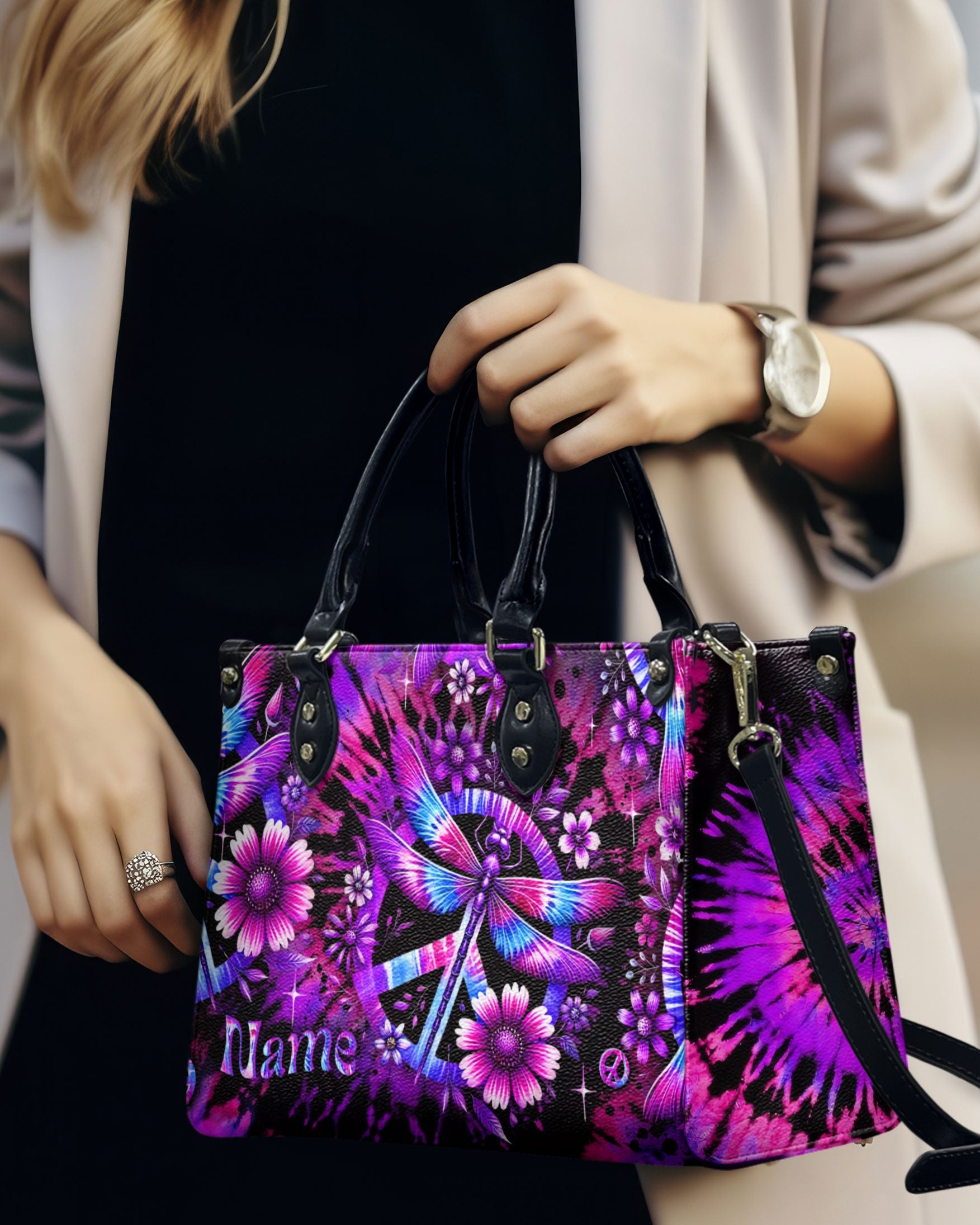 Custom Name Tie Dye Dragonfly and Peace Sign Personalized Hippie Leather Bag Gift for Women _3_ ik2Af
