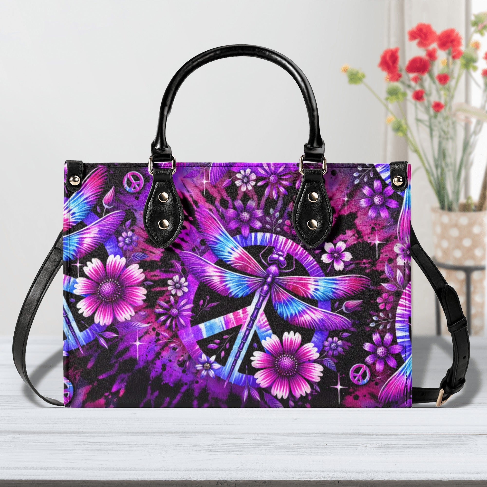 Custom Name Tie Dye Dragonfly and Peace Sign Personalized Hippie Leather Bag Gift for Women _4_ e0oNT