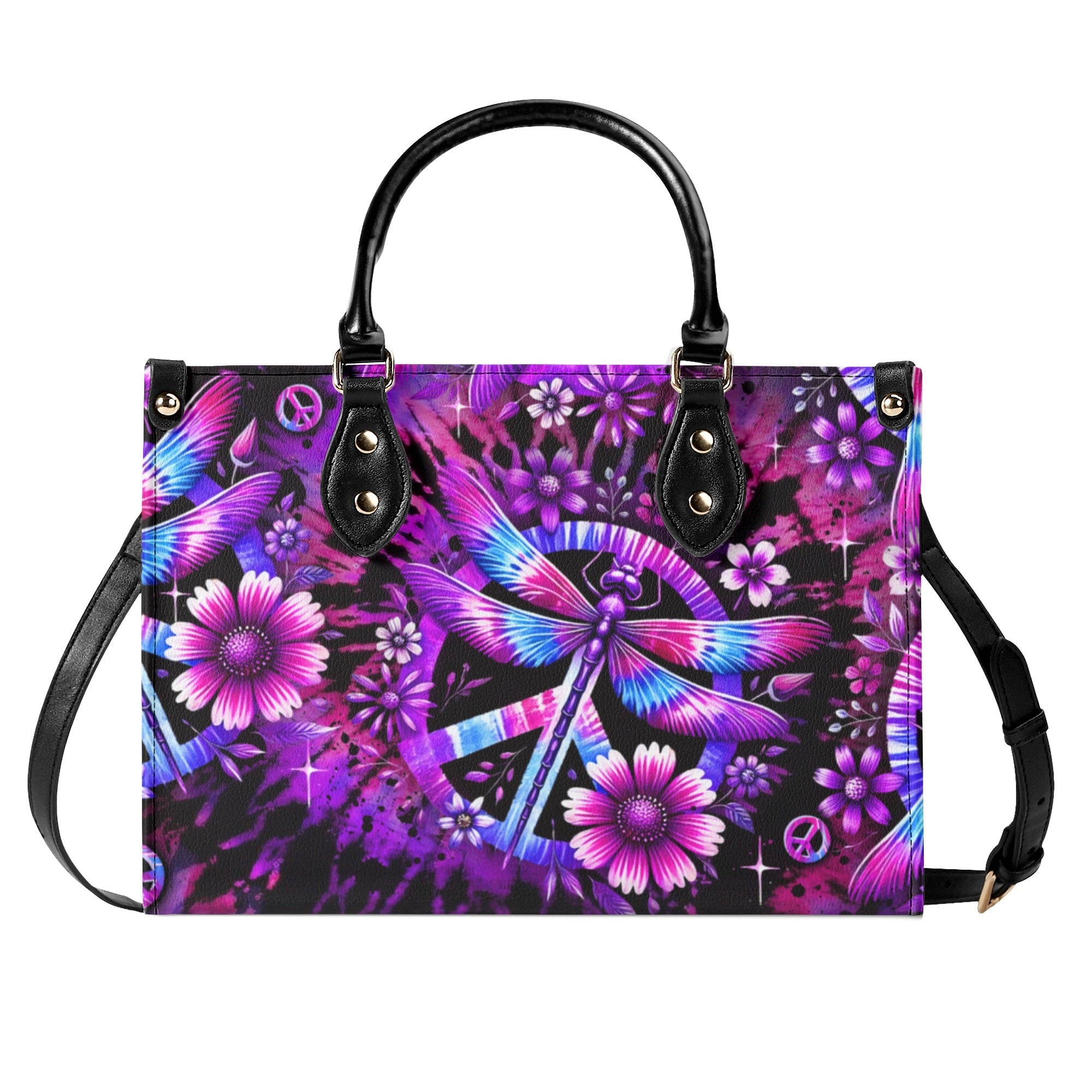 Custom Name Tie Dye Dragonfly and Peace Sign Personalized Hippie Leather Bag Gift for Women _5_ 2dtwa
