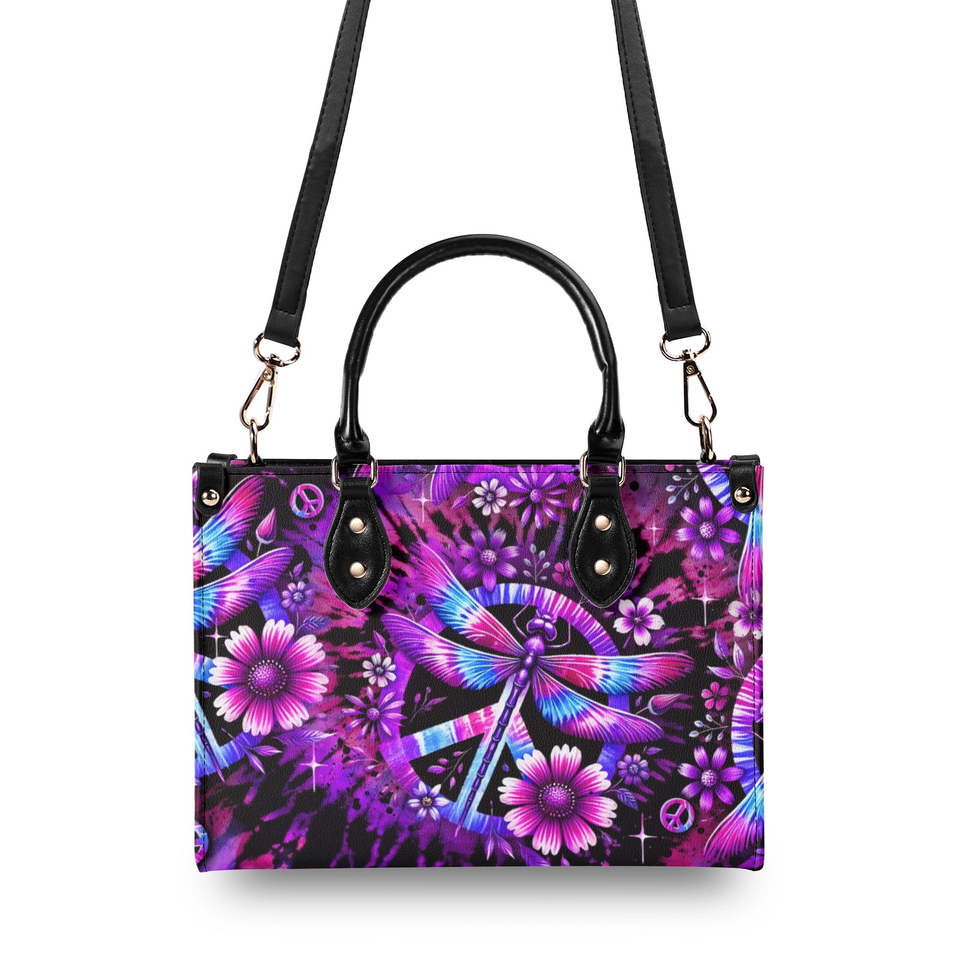 Custom Name Tie Dye Dragonfly and Peace Sign Personalized Hippie Leather Bag Gift for Women _6_ H7STz