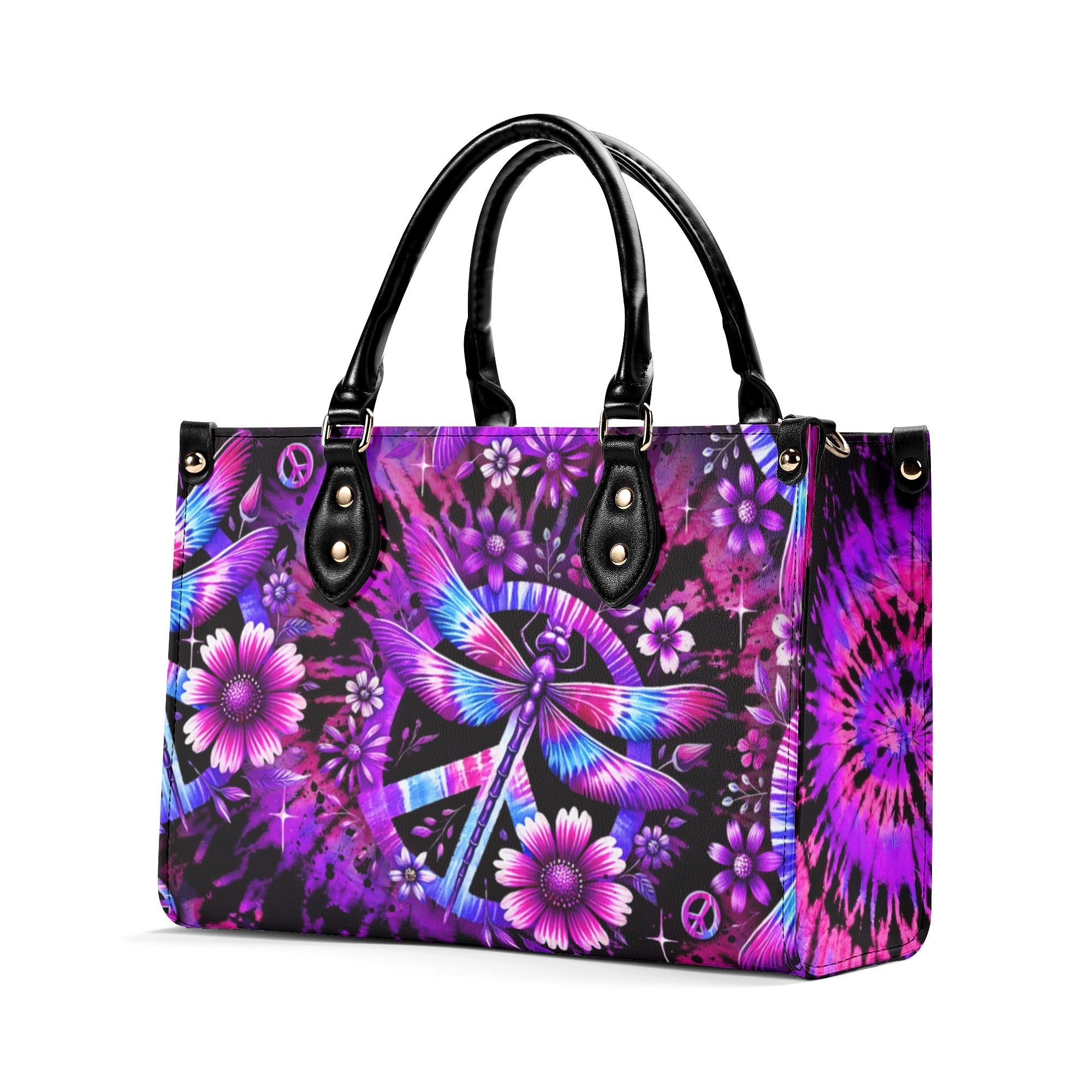 Custom Name Tie Dye Dragonfly and Peace Sign Personalized Hippie Leather Bag Gift for Women _8_ dvfIb