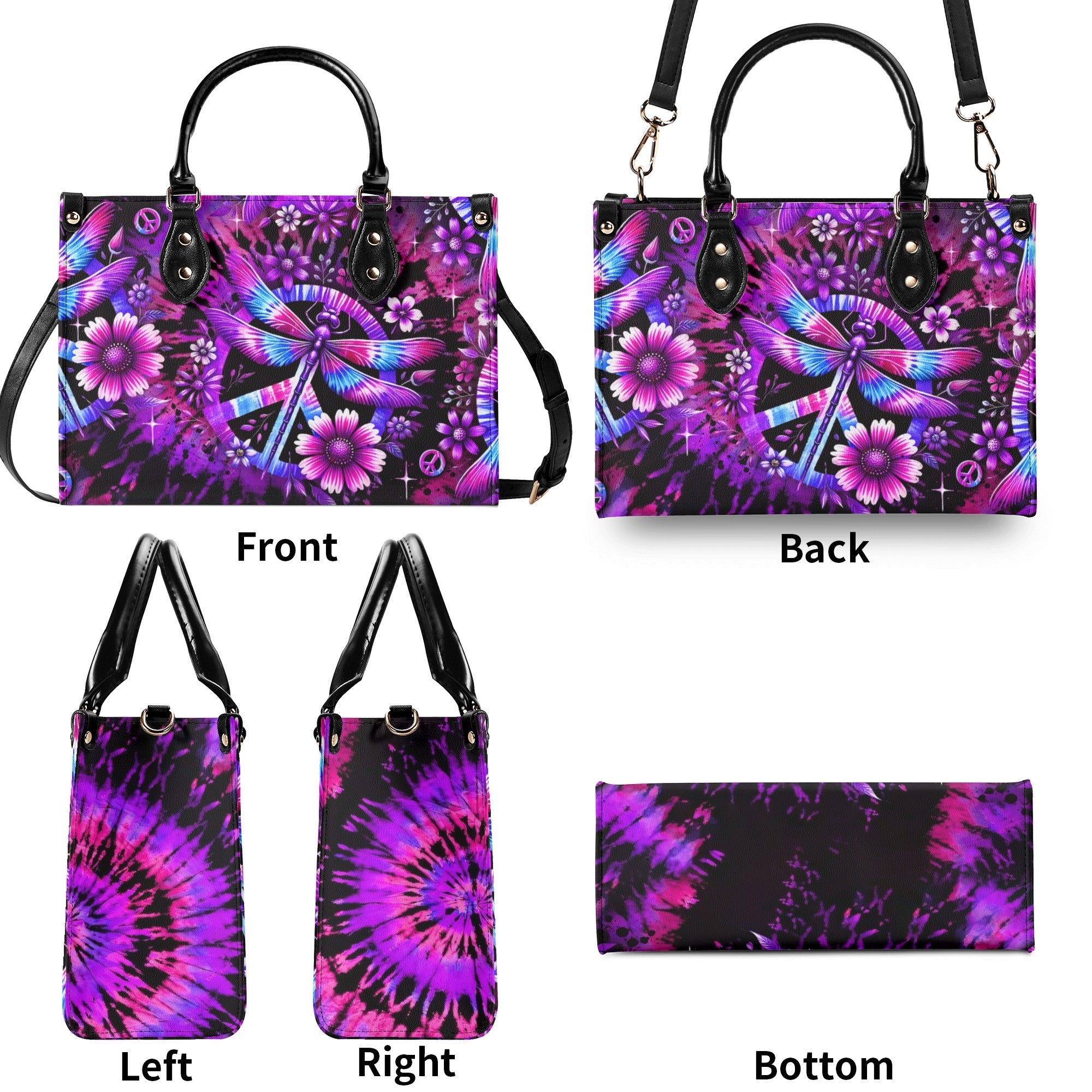 Custom Name Tie Dye Dragonfly and Peace Sign Personalized Hippie Leather Bag Gift for Women _9_ atkTk