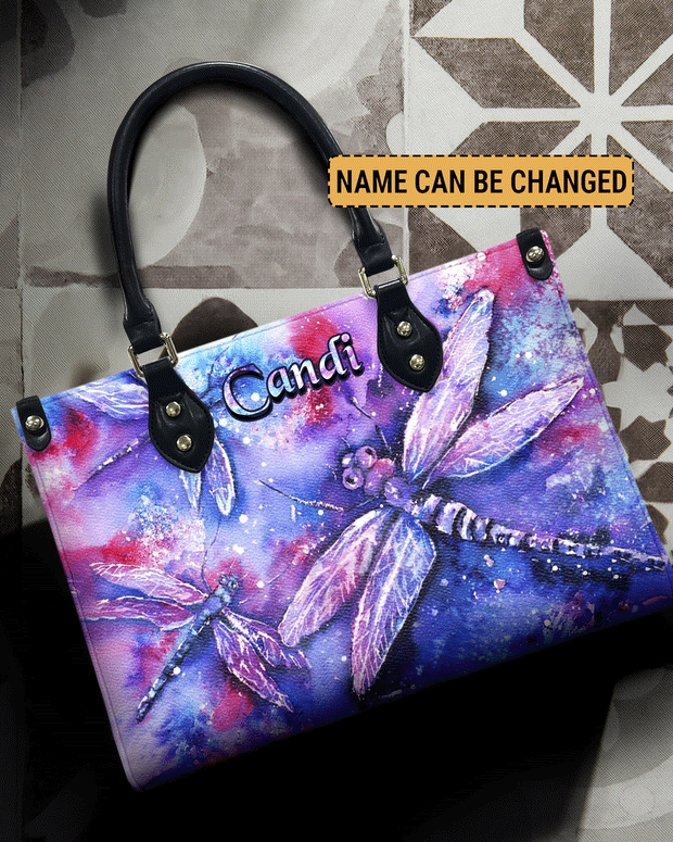 Custom Name Watercolor Galaxy Dragonfly - Personalized Leather Bag - Gift for Women