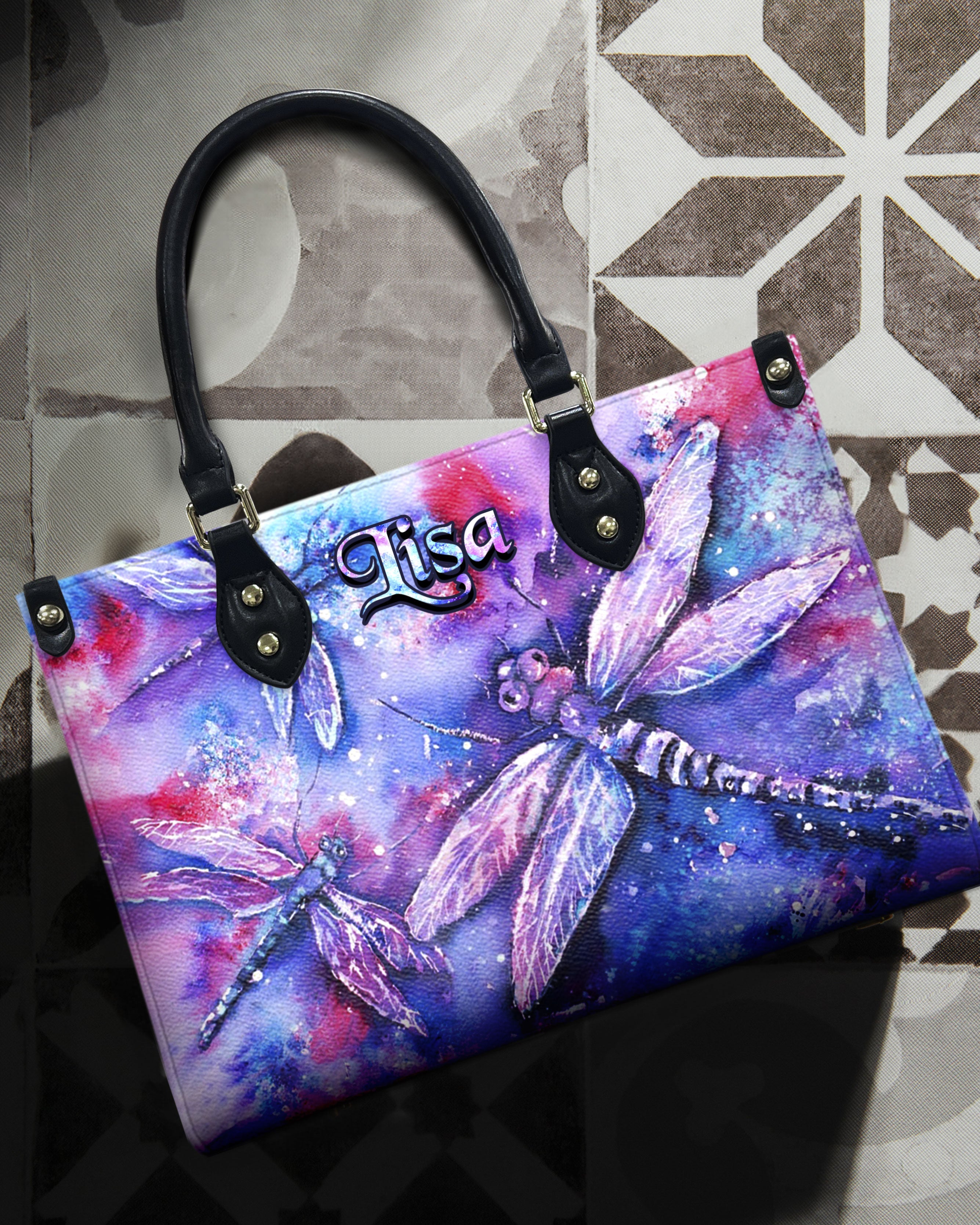 Custom Name Watercolor Galaxy Dragonfly Personalized Leather Bag Gift for Women _2_ nNX48